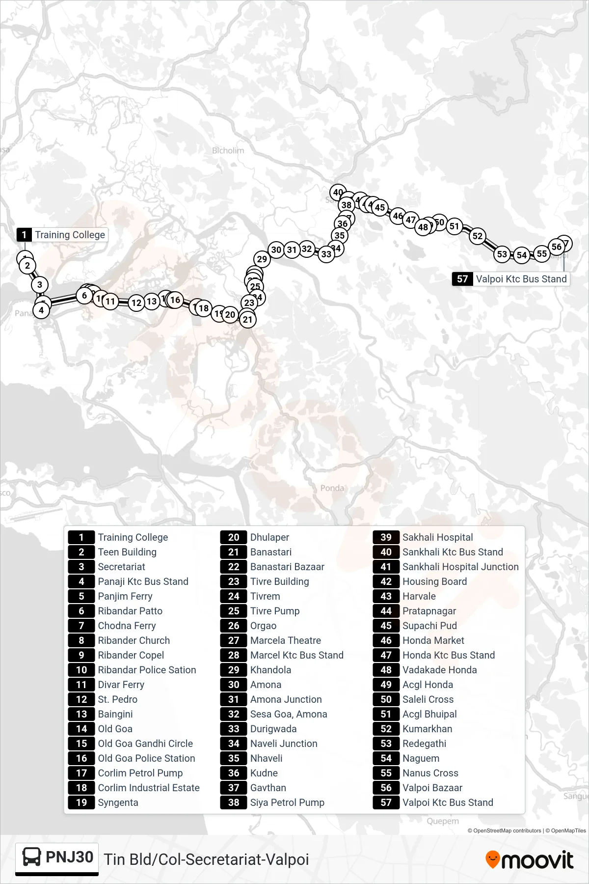 PNJ30 bus Line (Tin Bld/Col-Secretariat-Valpoi) route and stops on a map