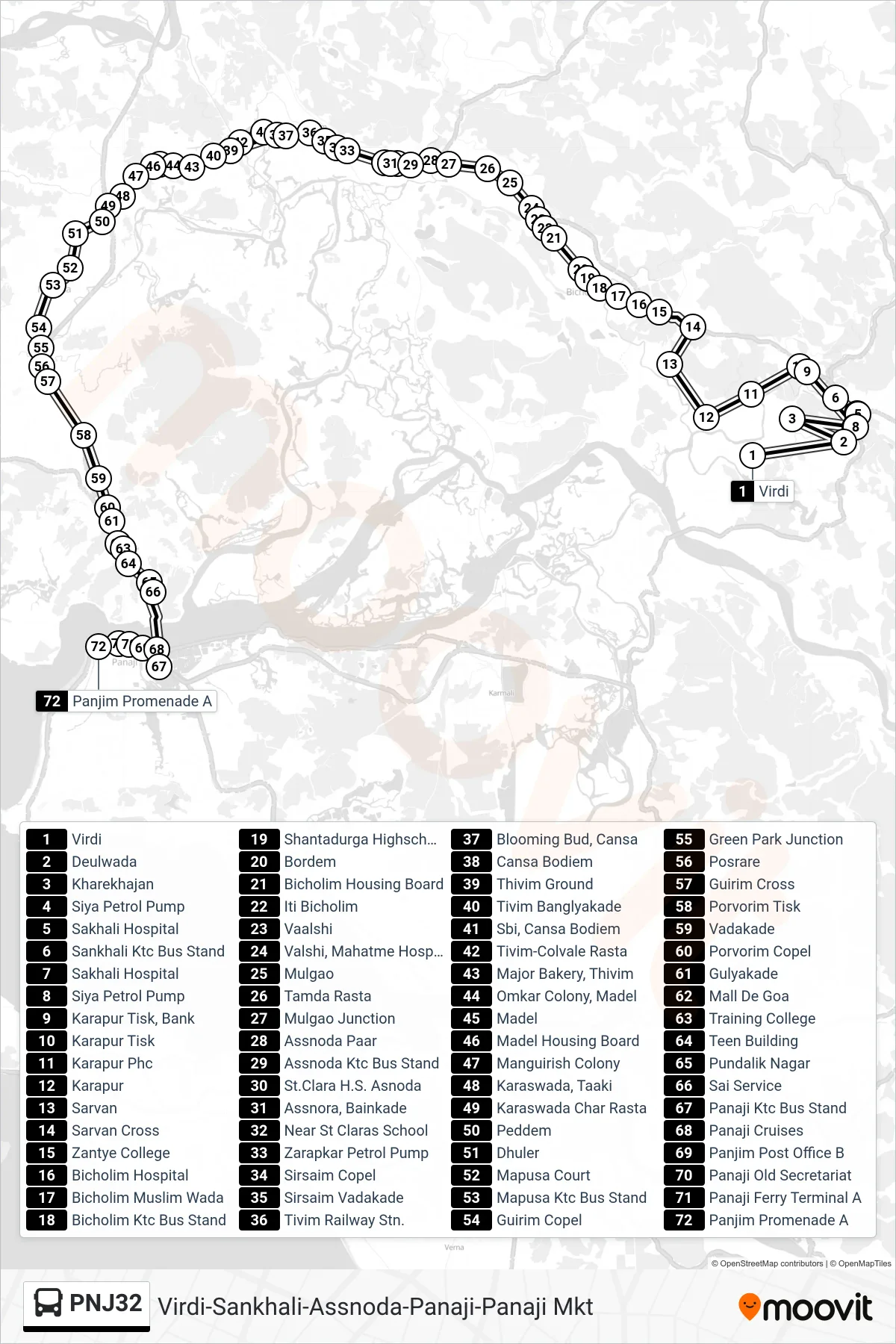 PNJ32 bus Line (Virdi-Sankhali-Assnoda-Panaji-Panaji Mkt) route and stops on a map