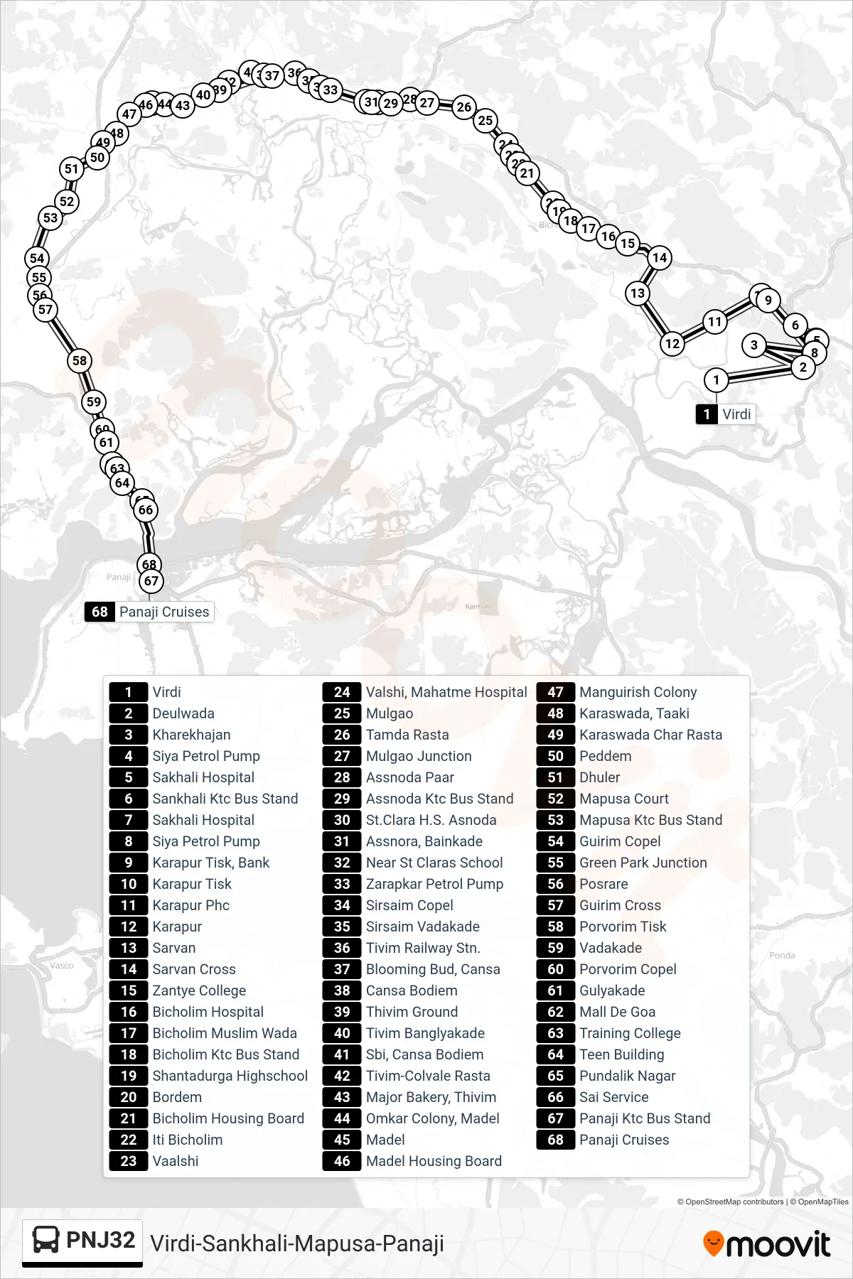 PNJ32 bus Line (Virdi-Sankhali-Mapusa-Panaji) route and stops on a map