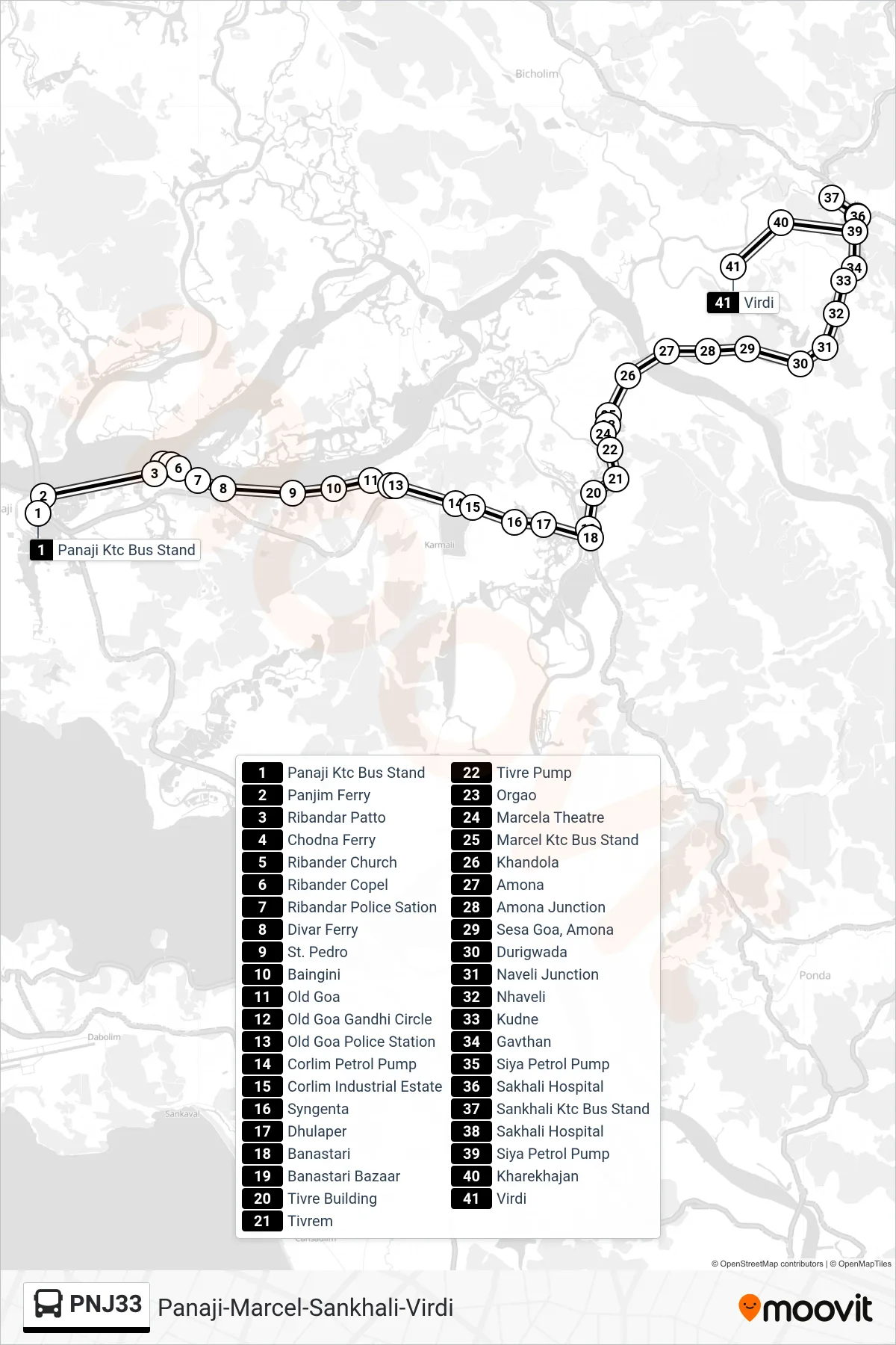 PNJ33 bus Line (Panaji-Marcel-Sankhali-Virdi) route and stops on a map