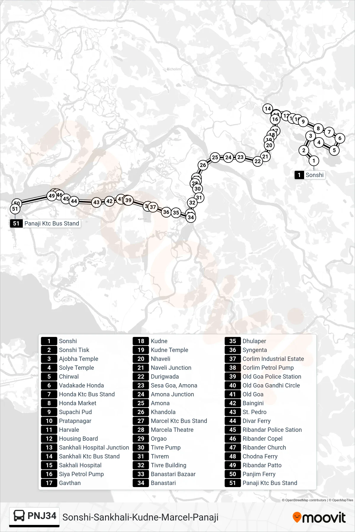 PNJ34 bus Line (Sonshi-Sankhali-Kudne-Marcel-Panaji) route and stops on a map