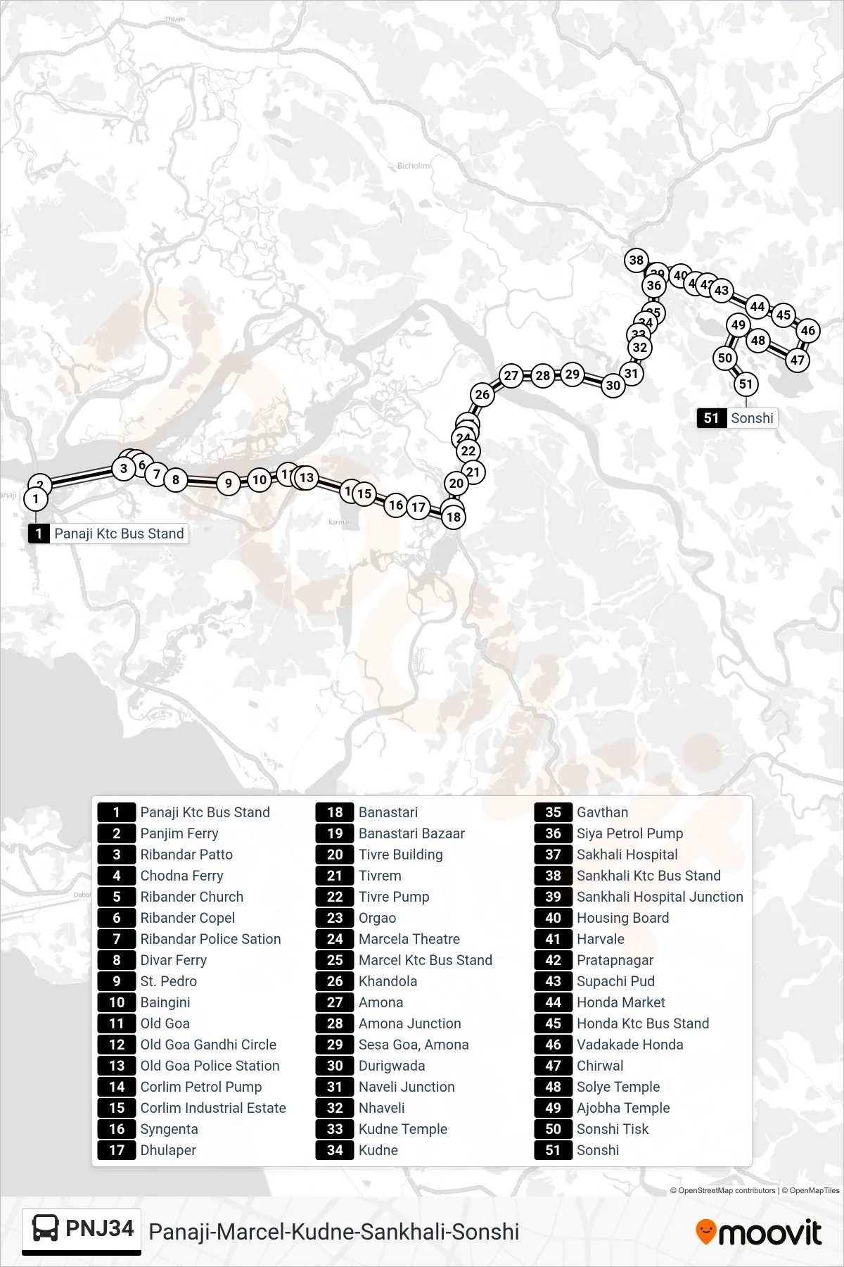 PNJ34 bus Line (Panaji-Marcel-Kudne-Sankhali-Sonshi) route and stops on a map