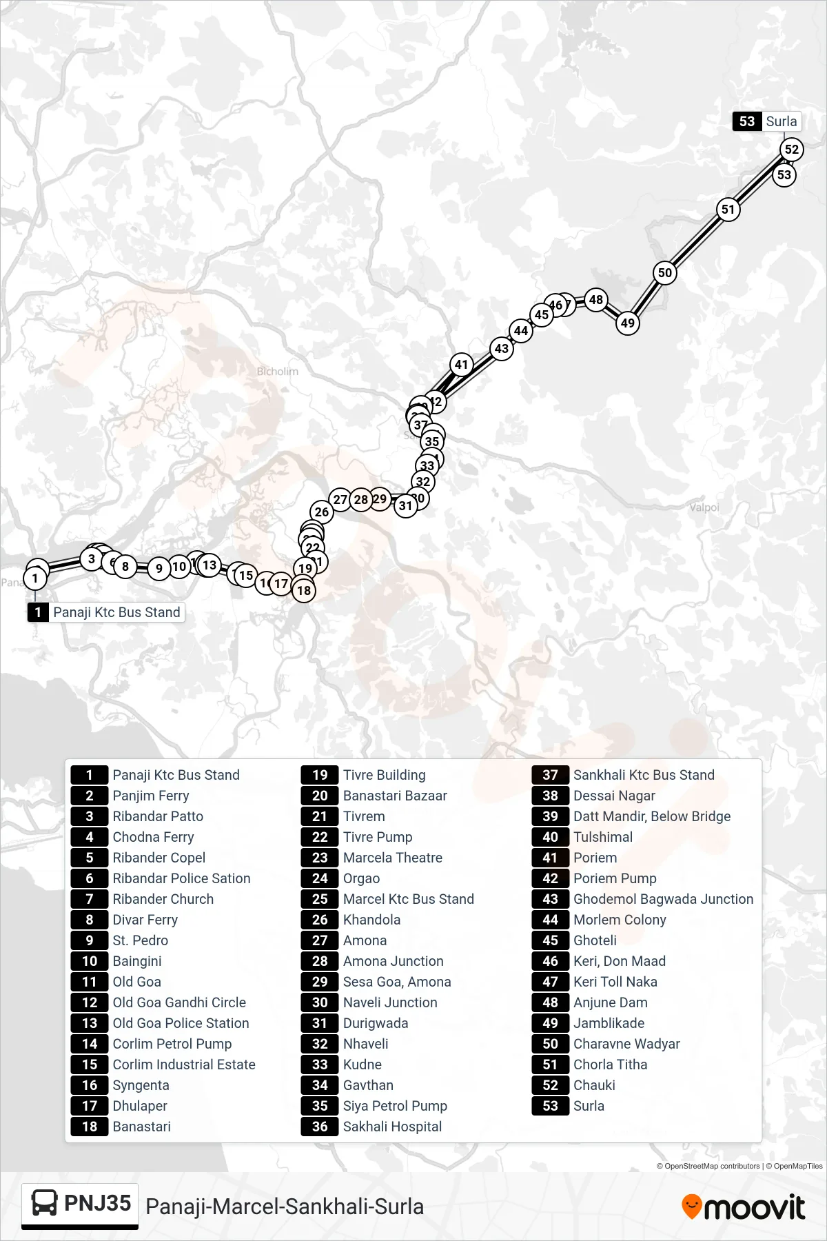 PNJ35 bus Line (Panaji-Marcel-Sankhali-Surla) route and stops on a map