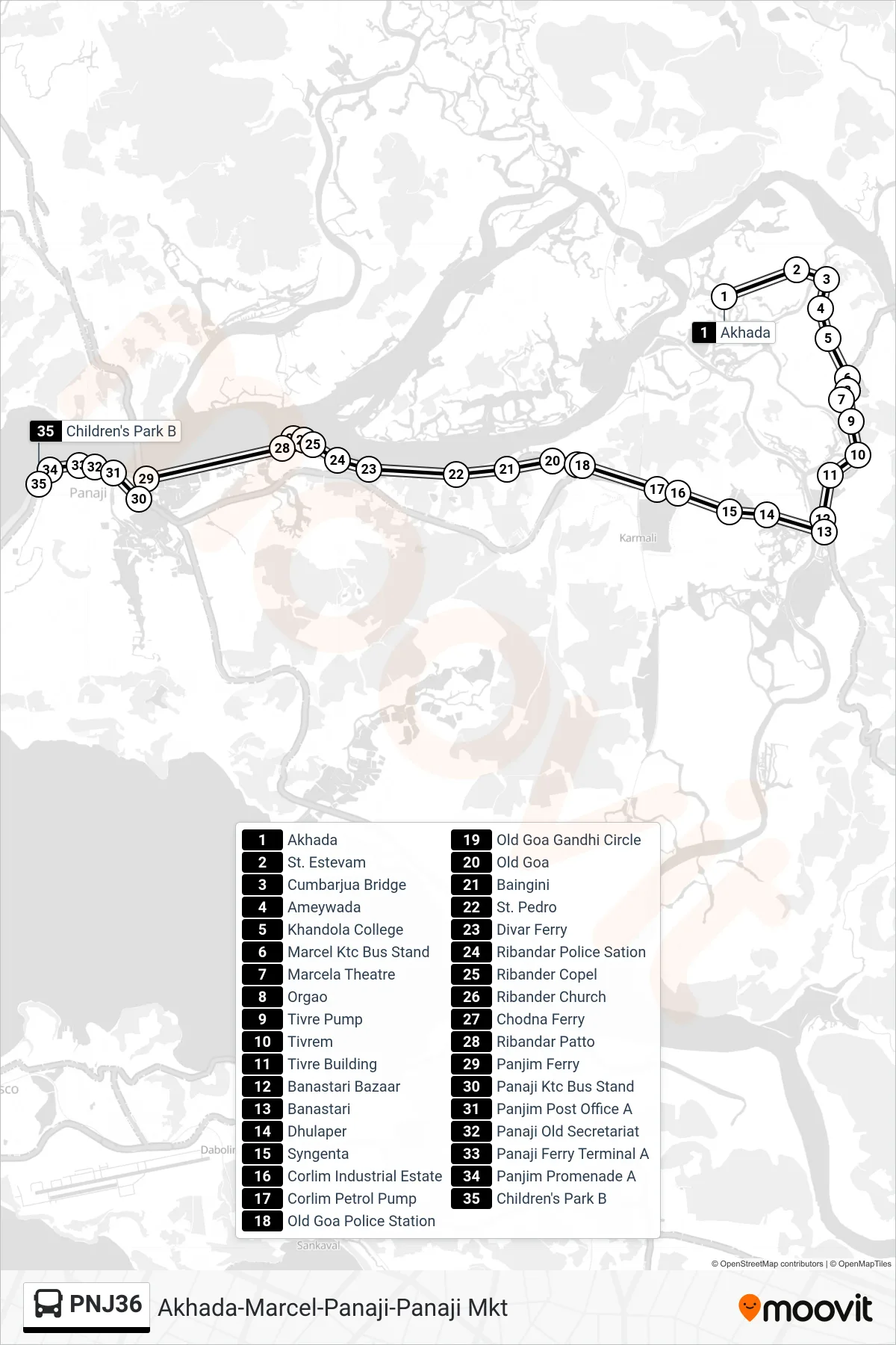 PNJ36 bus Line (Akhada-Marcel-Panaji-Panaji Mkt) route and stops on a map