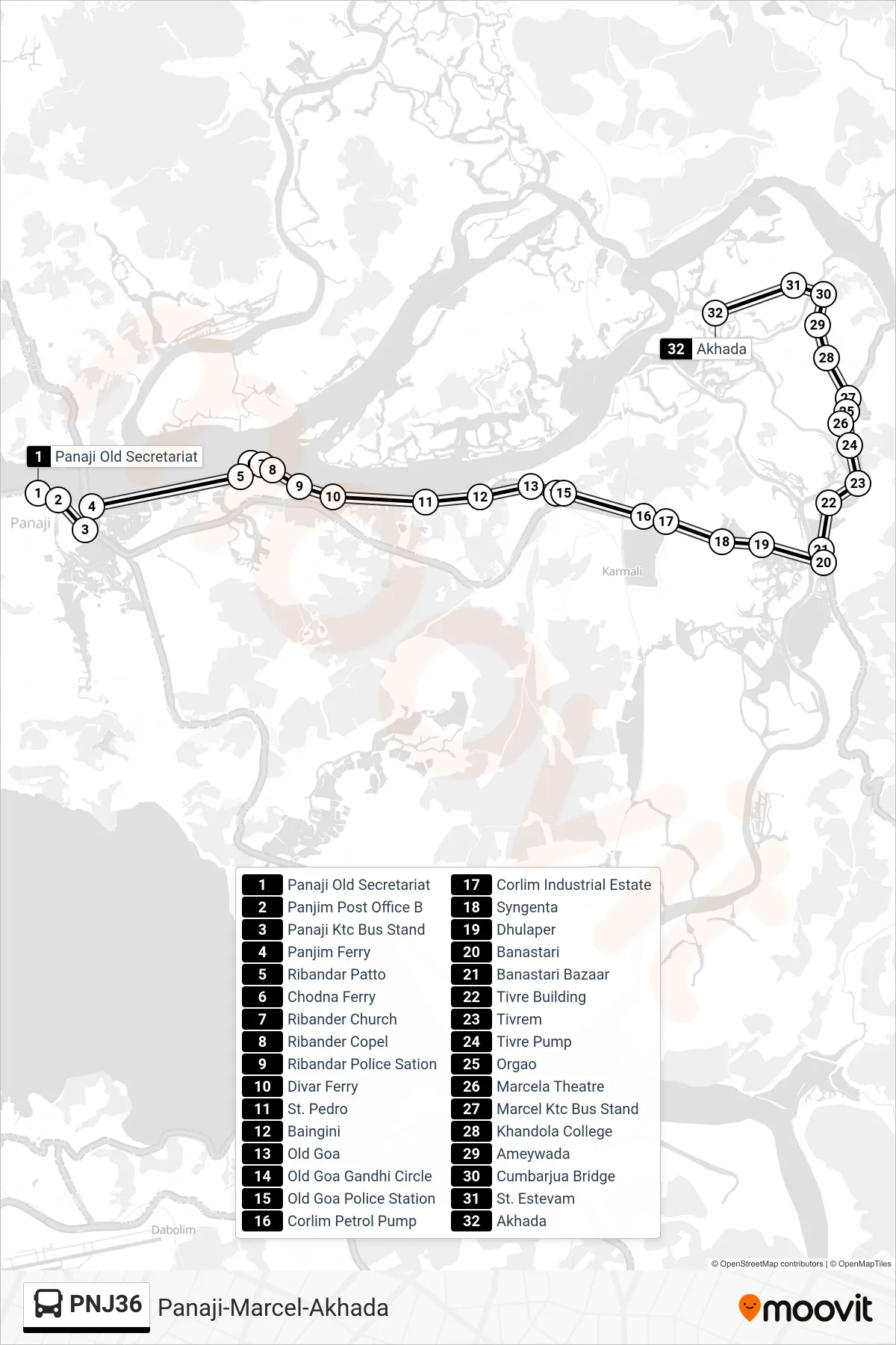 PNJ36 bus Line (Panaji-Marcel-Akhada) route and stops on a map