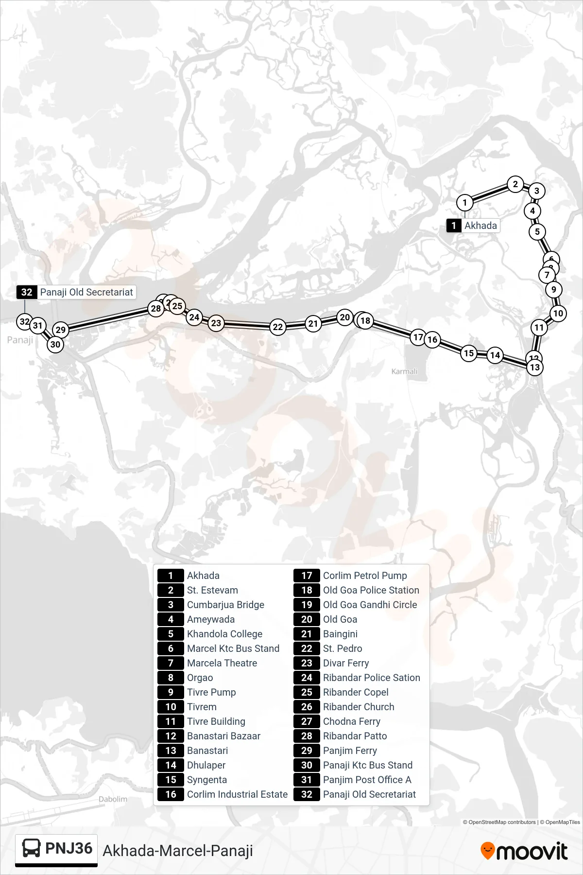 PNJ36 bus Line (Akhada-Marcel-Panaji) route and stops on a map