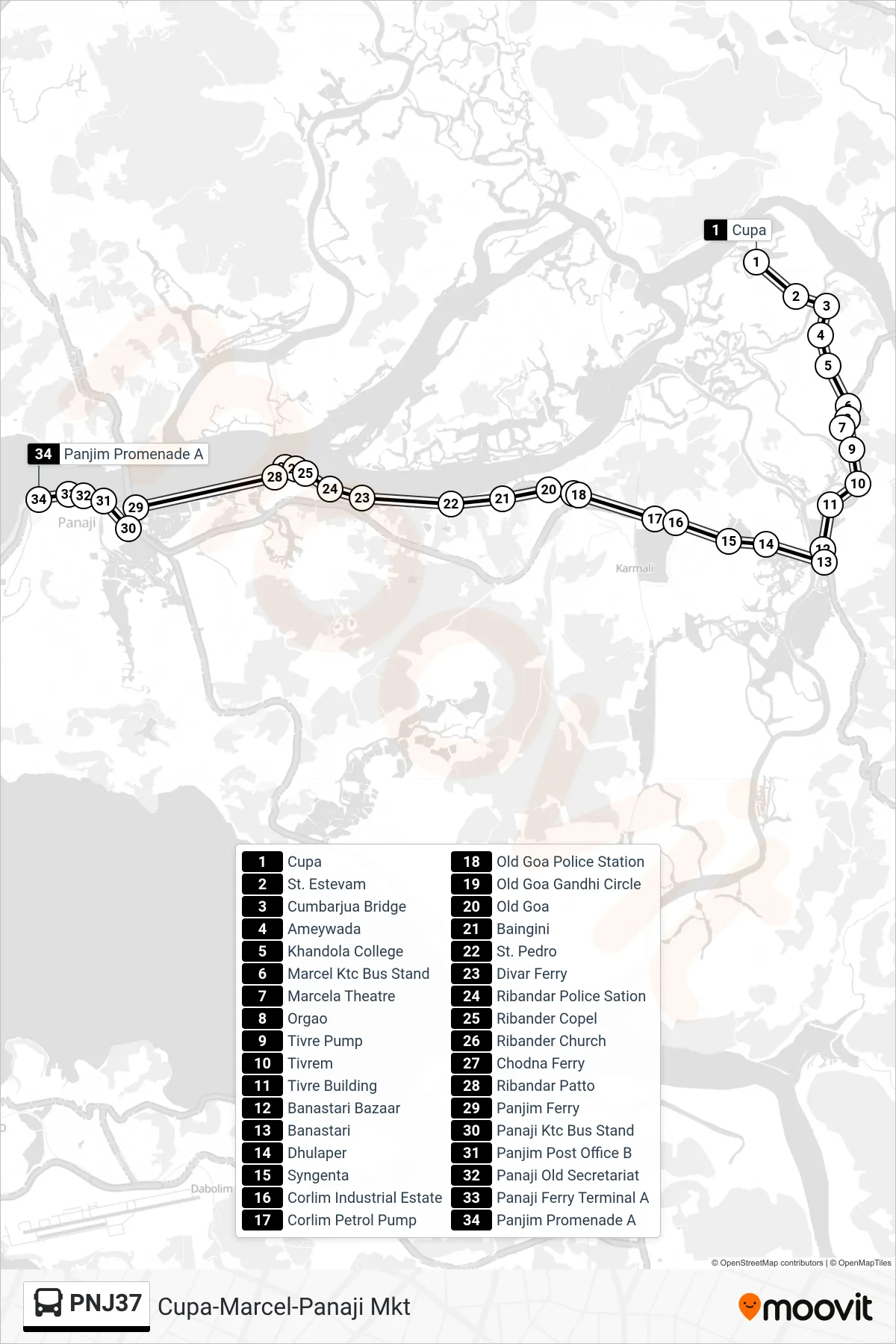 PNJ37 bus Line (Cupa-Marcel-Panaji Mkt) route and stops on a map