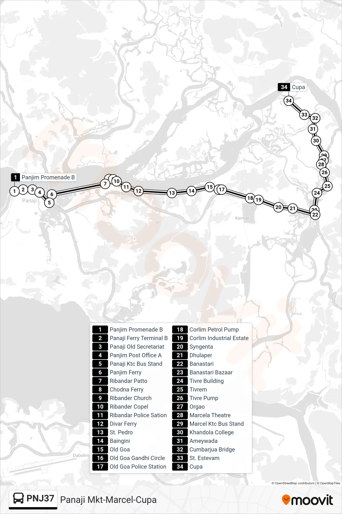 PNJ37 bus Line (Panaji Mkt-Marcel-Cupa) route and stops on a map