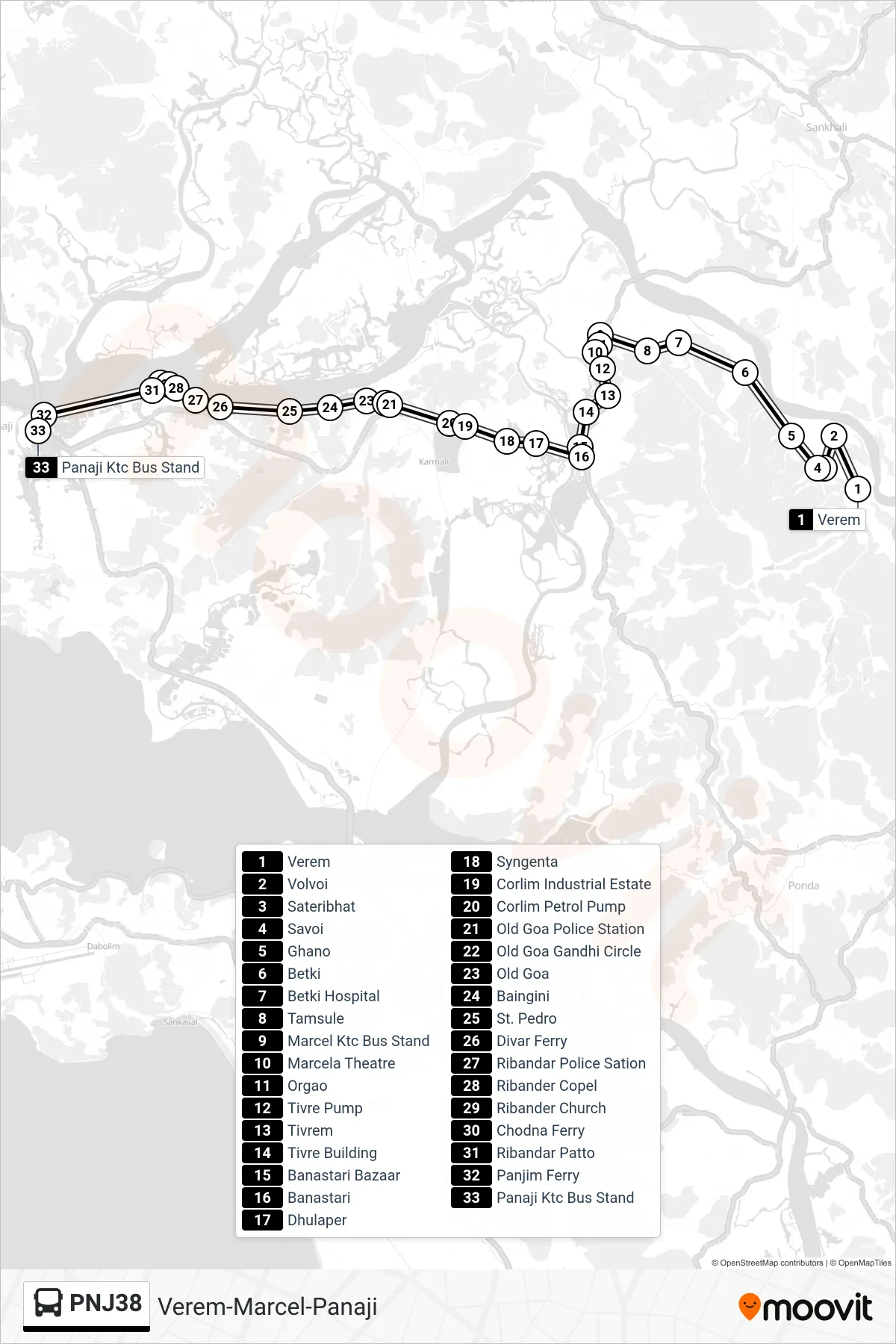 PNJ38 bus Line (Verem-Marcel-Panaji) route and stops on a map