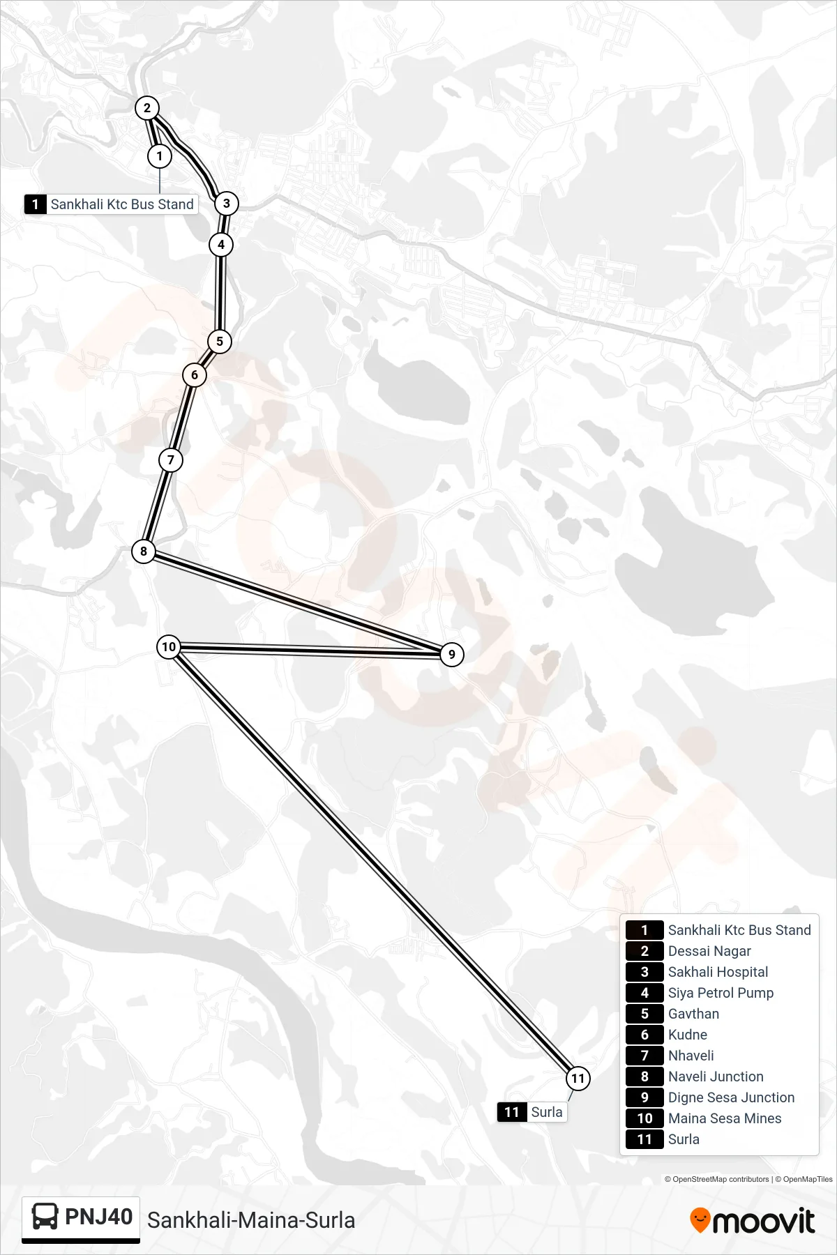 PNJ40 bus Line (Sankhali-Maina-Surla) route and stops on a map