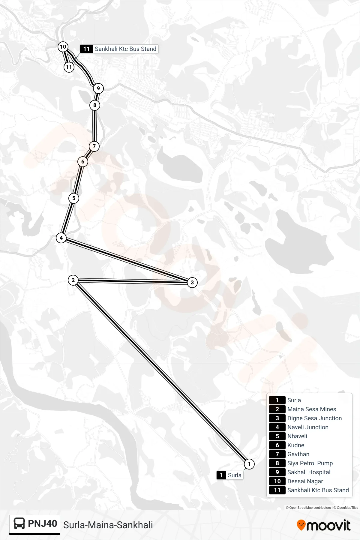 PNJ40 bus Line (Surla-Maina-Sankhali) route and stops on a map