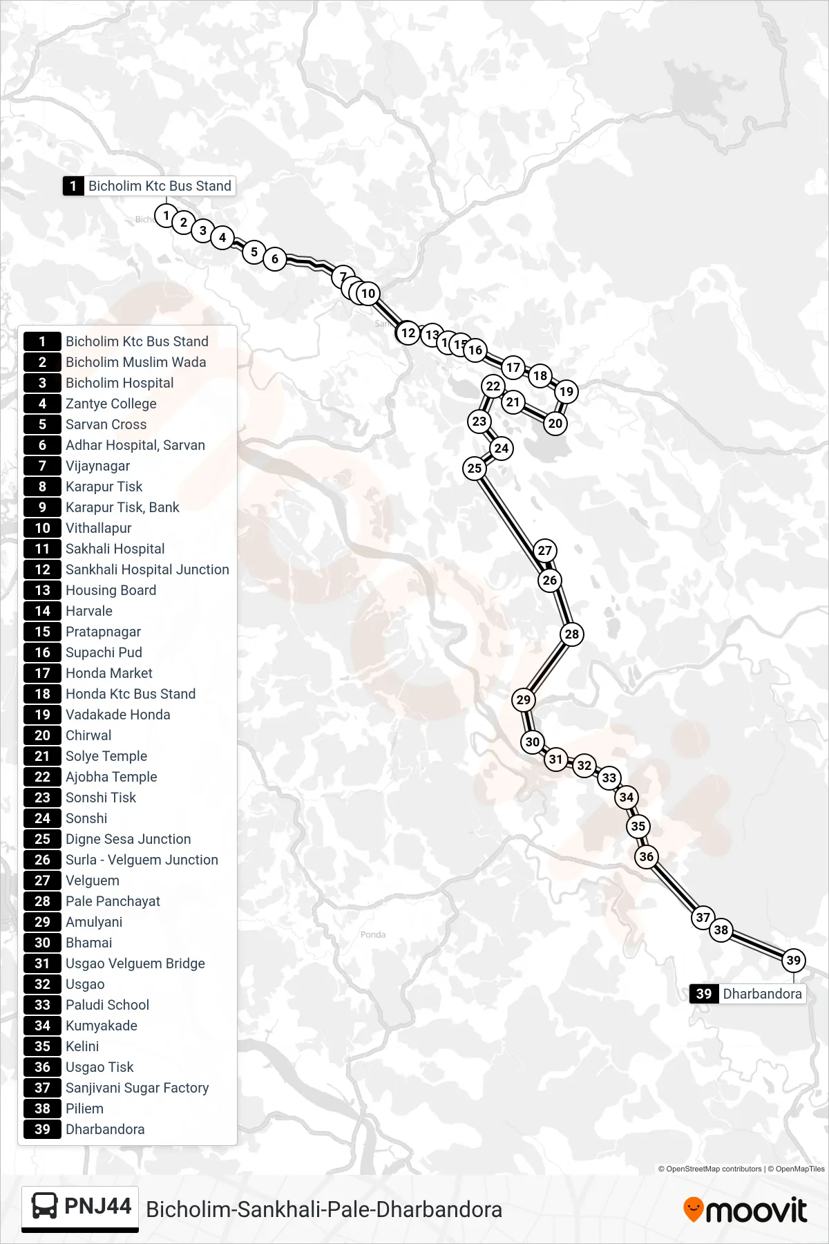 PNJ44 bus Line (Bicholim-Sankhali-Pale-Dharbandora) route and stops on a map
