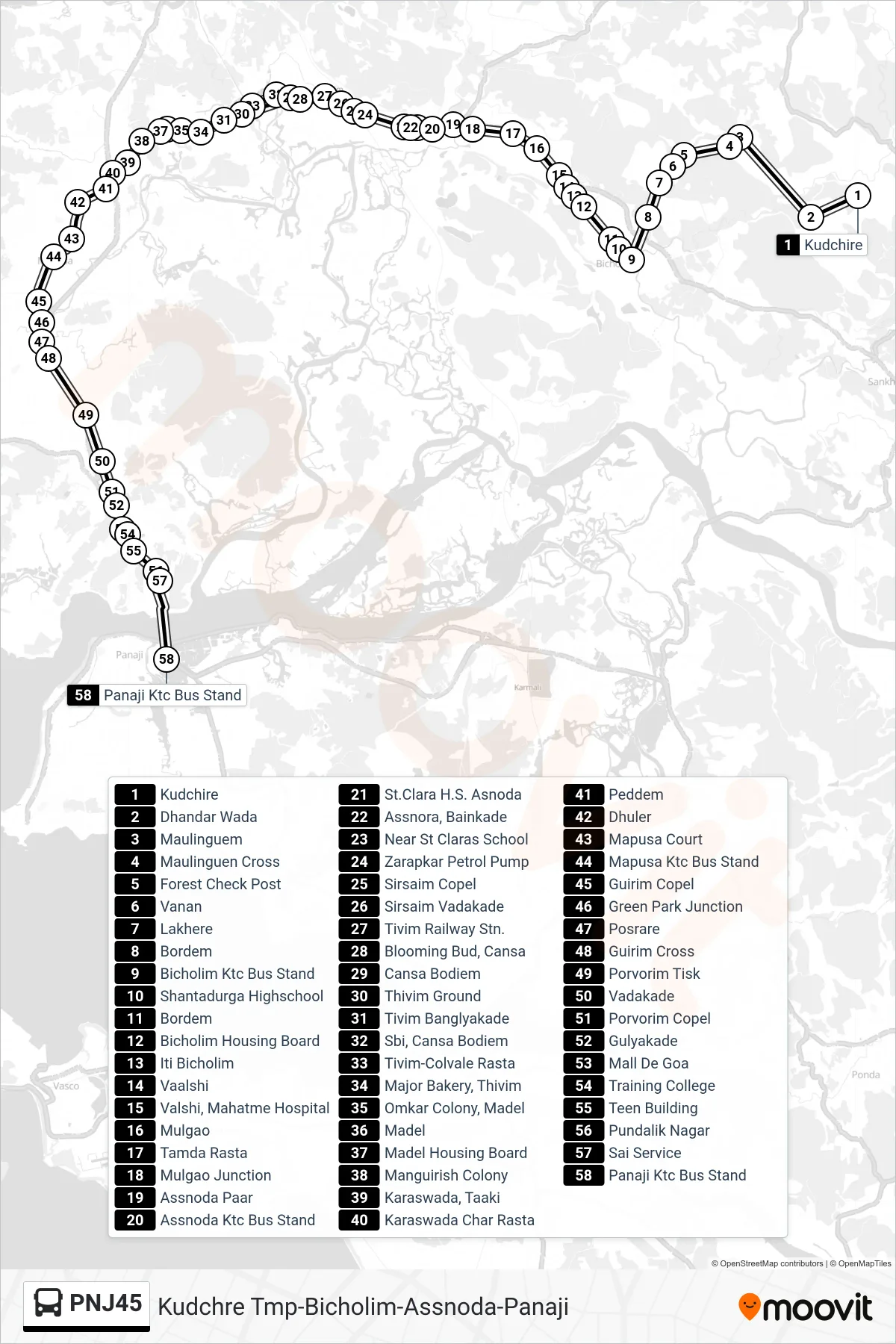 PNJ45 bus Line (Kudchre Tmp-Bicholim-Assnoda-Panaji) route and stops on a map