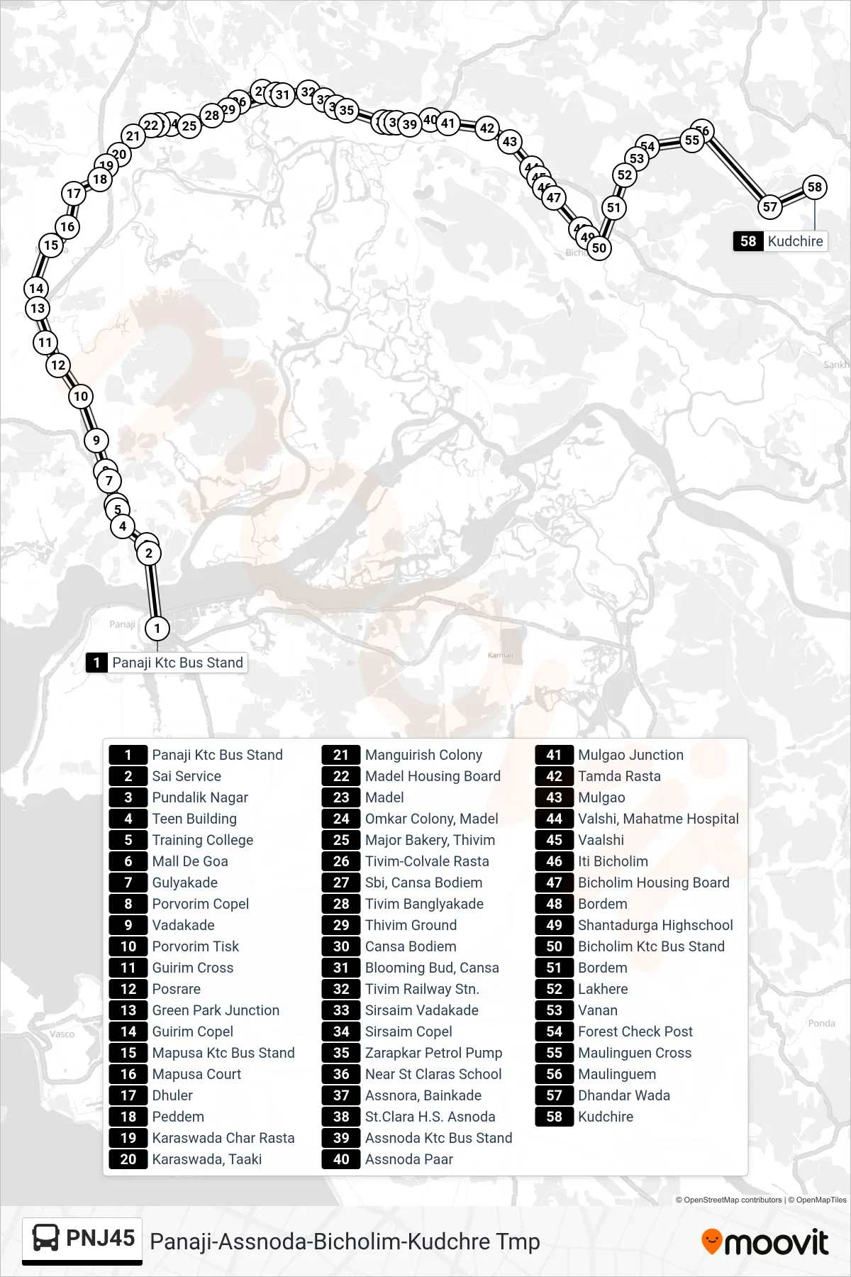 PNJ45 bus Line (Panaji-Assnoda-Bicholim-Kudchre Tmp) route and stops on a map