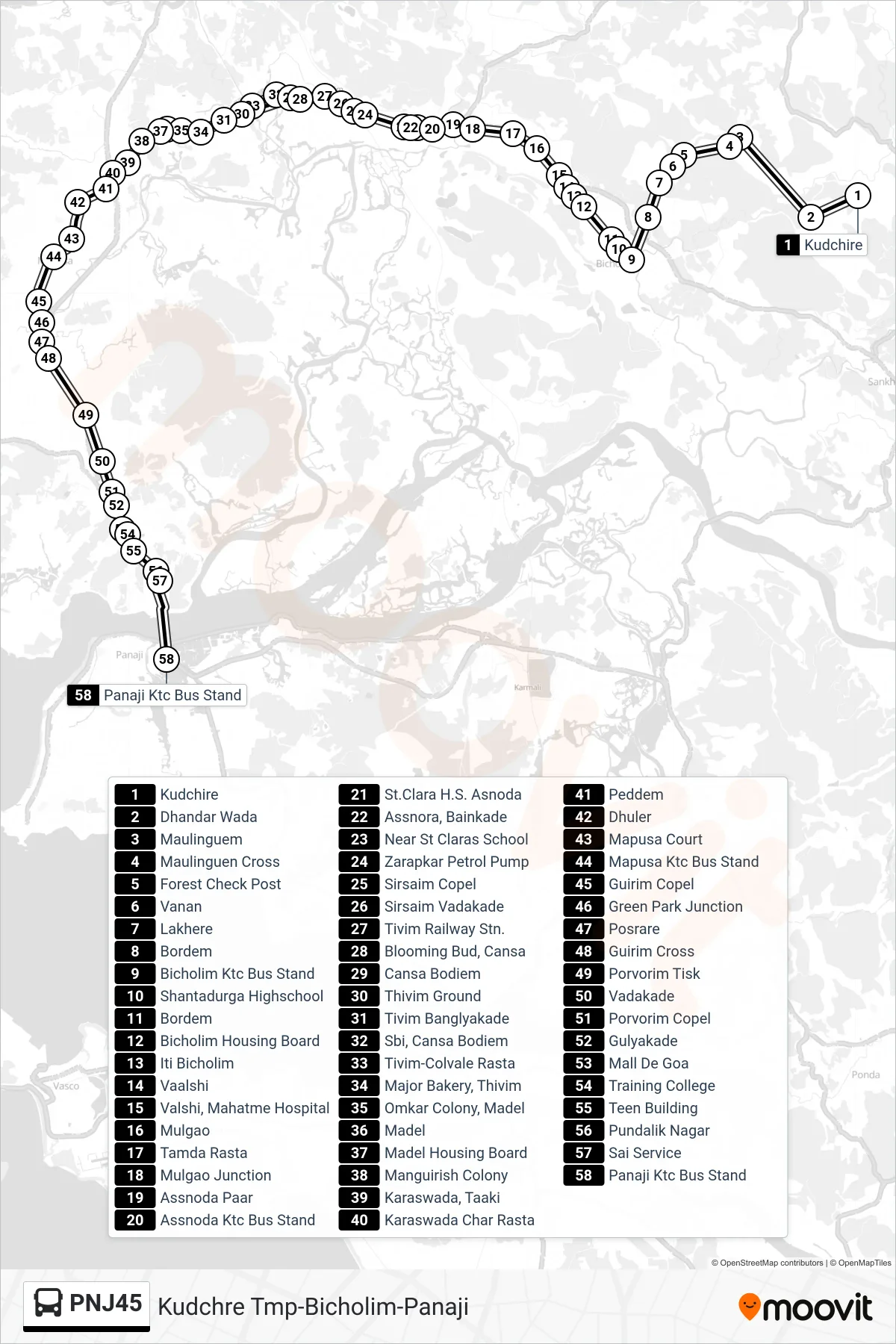PNJ45 bus Line (Kudchre Tmp-Bicholim-Panaji) route and stops on a map