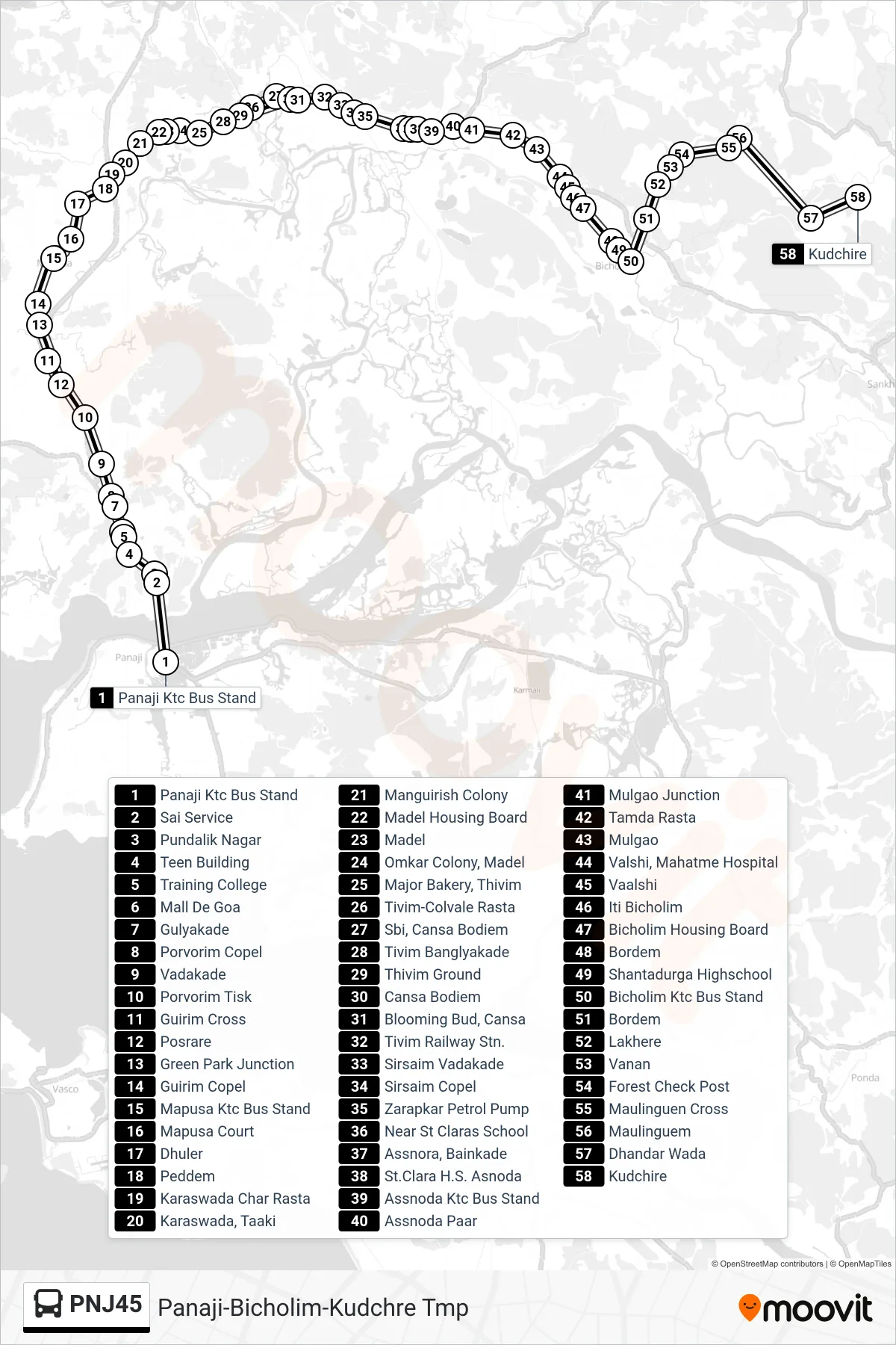 PNJ45 bus Line (Panaji-Bicholim-Kudchre Tmp) route and stops on a map