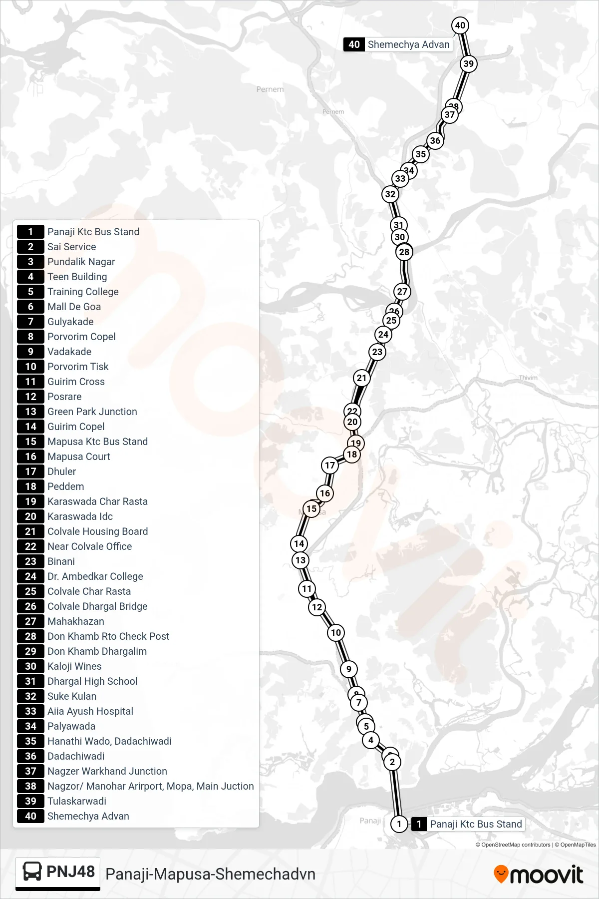 PNJ48 bus Line (Panaji-Mapusa-Shemechadvn) route and stops on a map