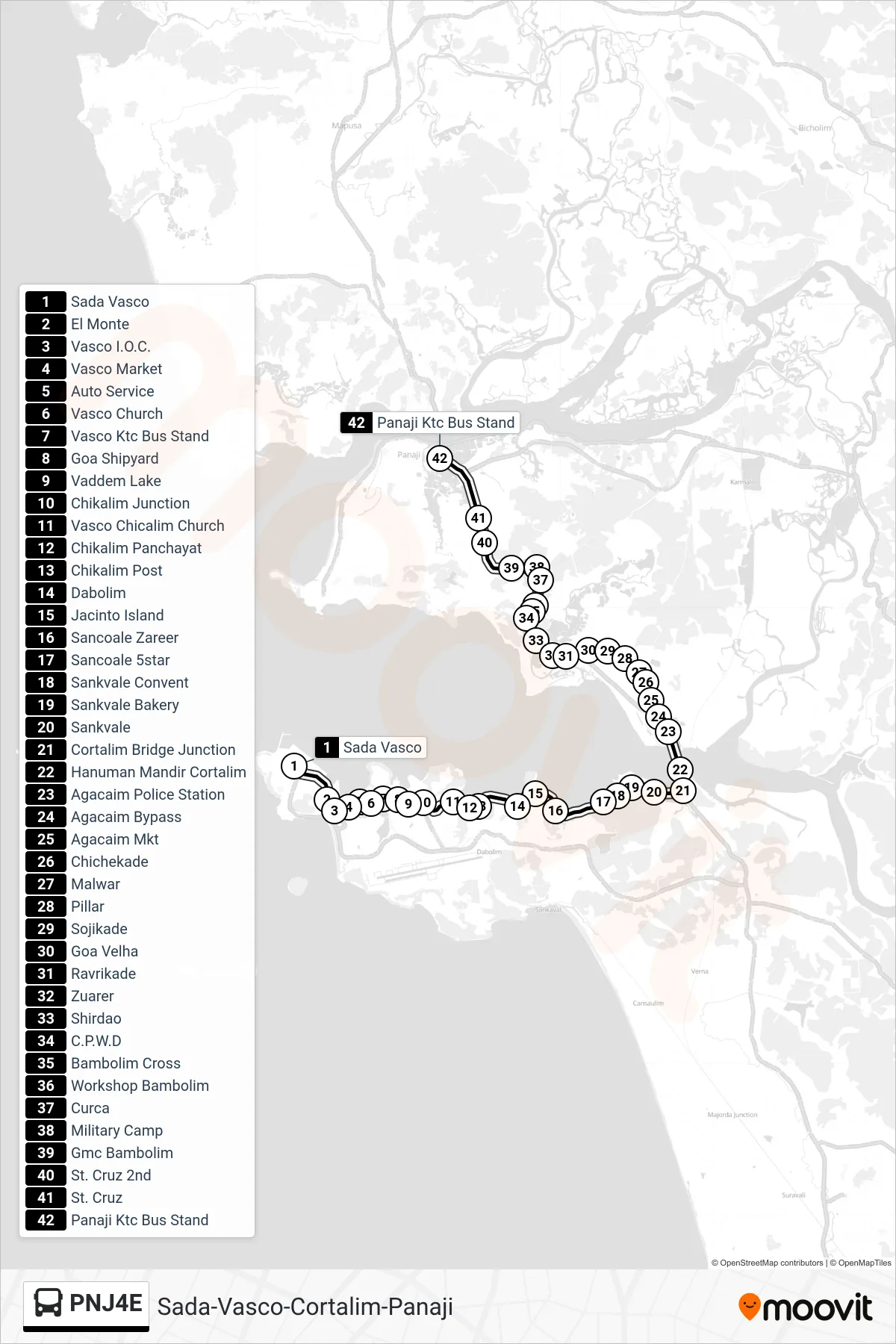 PNJ4E bus Line (Sada-Vasco-Cortalim-Panaji) route and stops on a map