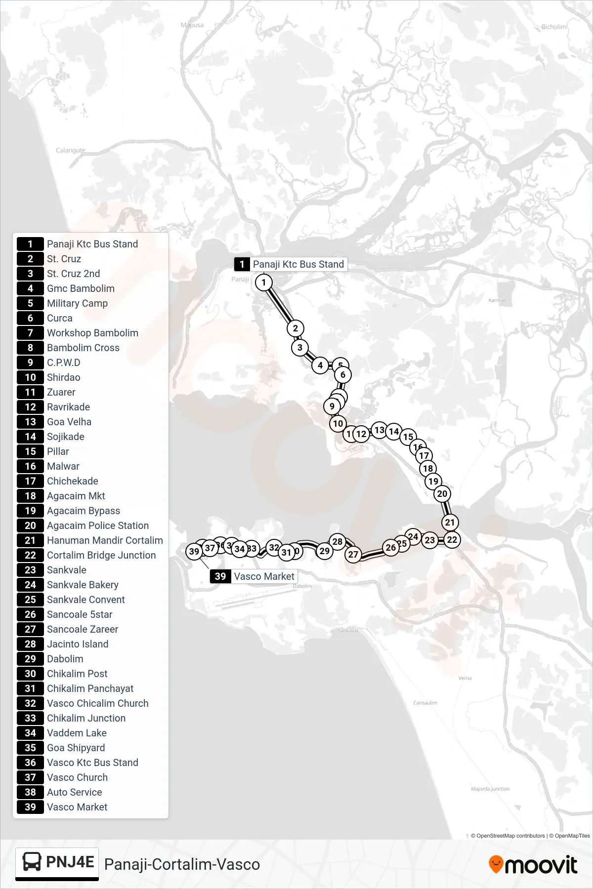 PNJ4E bus Line (Panaji-Cortalim-Vasco) route and stops on a map
