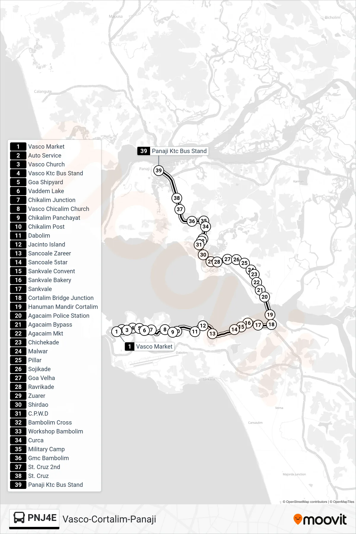 PNJ4E bus Line (Vasco-Cortalim-Panaji) route and stops on a map