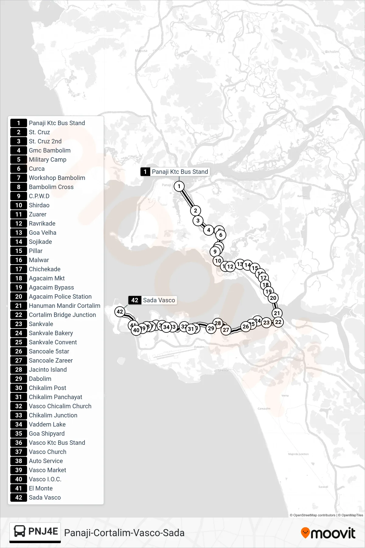 PNJ4E bus Line (Panaji-Cortalim-Vasco-Sada) route and stops on a map