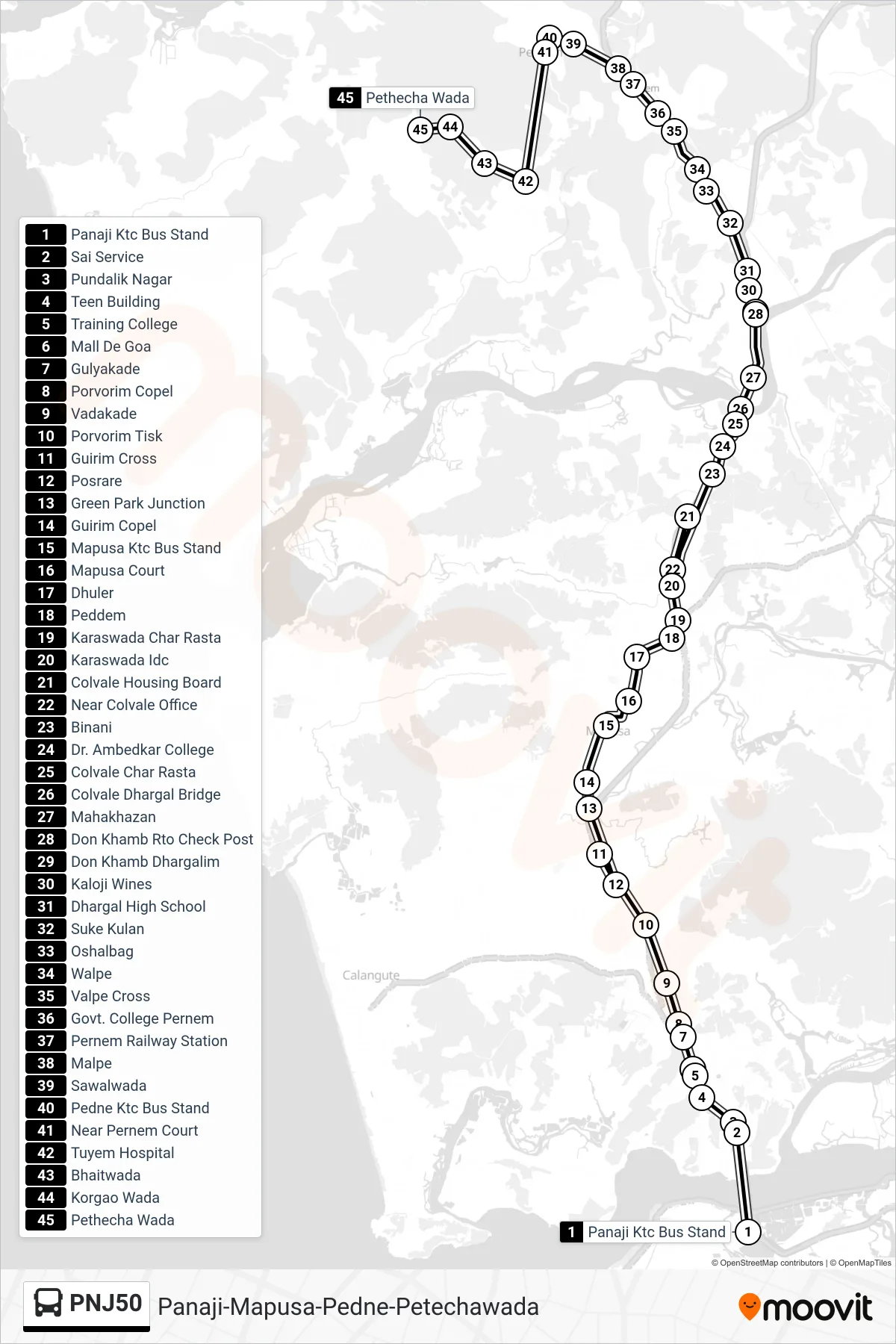 PNJ50 bus Line (Panaji-Mapusa-Pedne-Petechawada) route and stops on a map