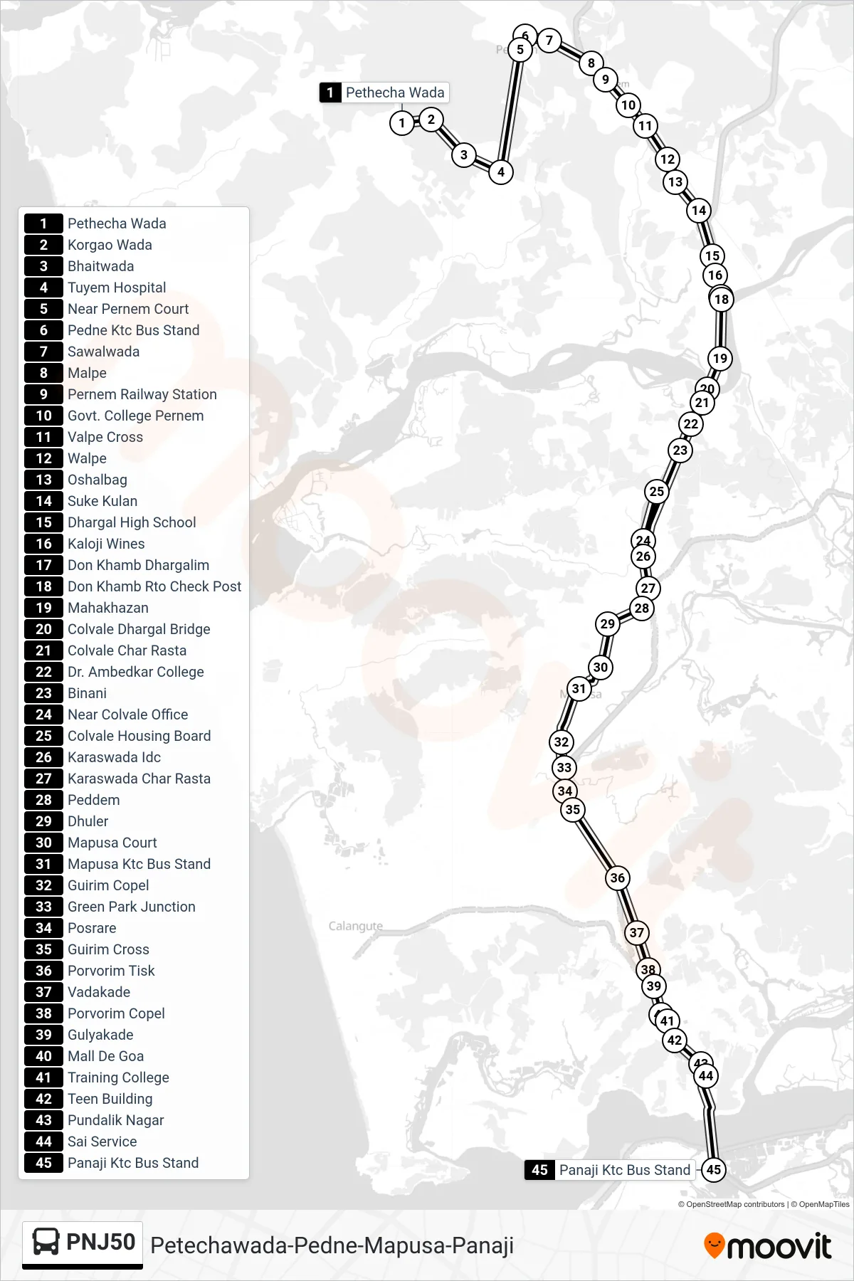 PNJ50 bus Line (Petechawada-Pedne-Mapusa-Panaji) route and stops on a map
