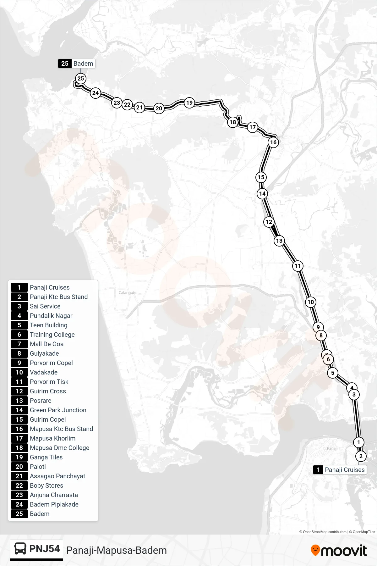 PNJ54 bus Line (Panaji-Mapusa-Badem) route and stops on a map