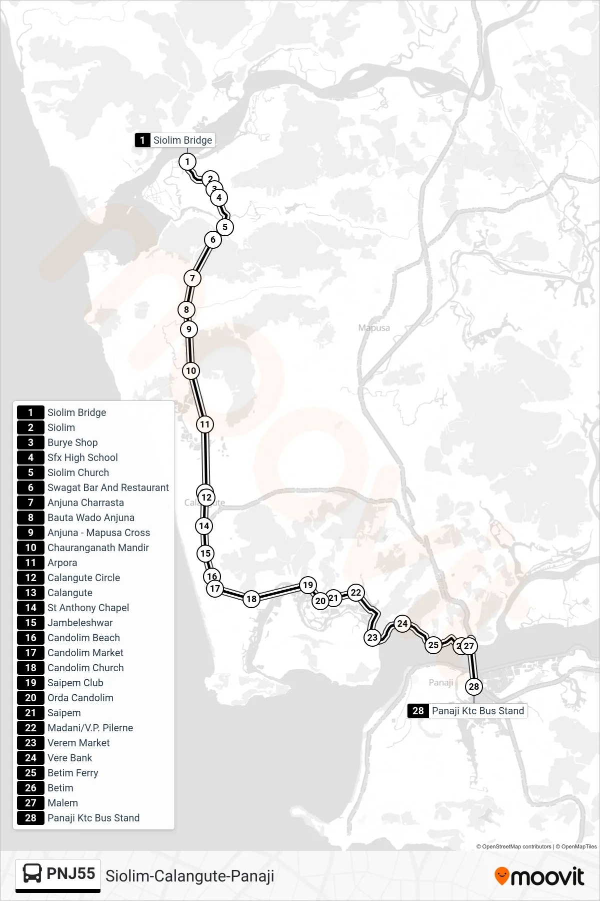 PNJ55 bus Line (Siolim-Calangute-Panaji) route and stops on a map