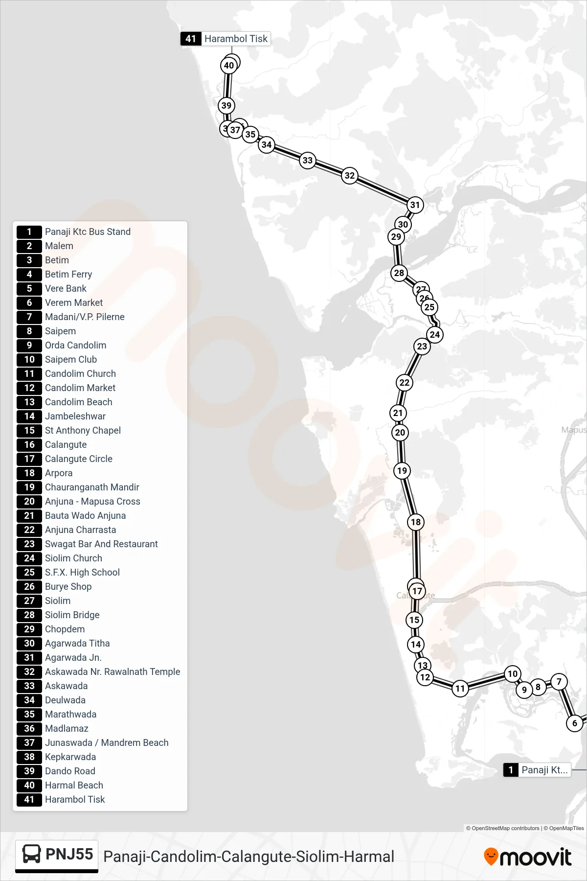 PNJ55 bus Line (Panaji-Candolim-Calangute-Siolim-Harmal) route and stops on a map