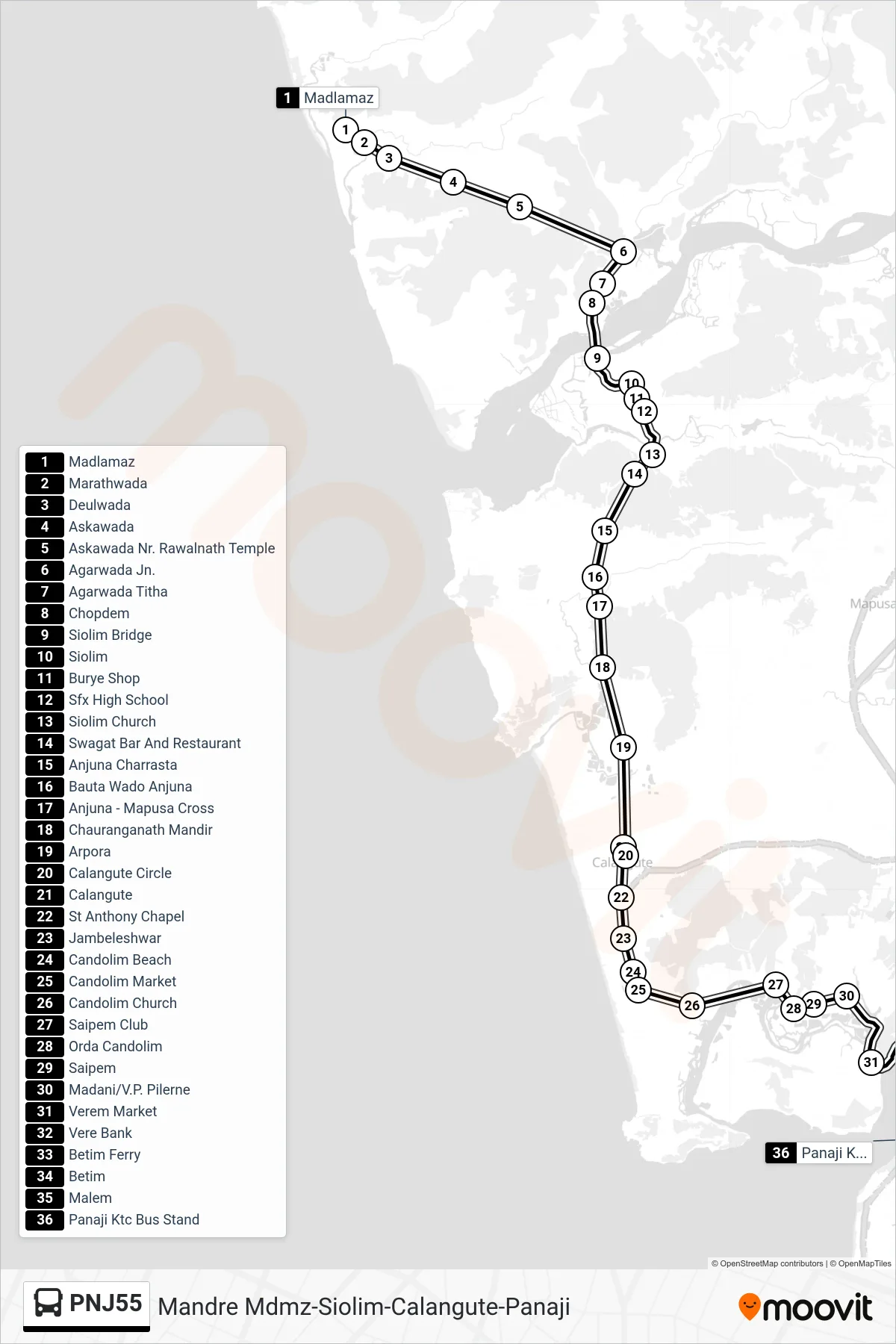 PNJ55 bus Line (Mandre Mdmz-Siolim-Calangute-Panaji) route and stops on a map