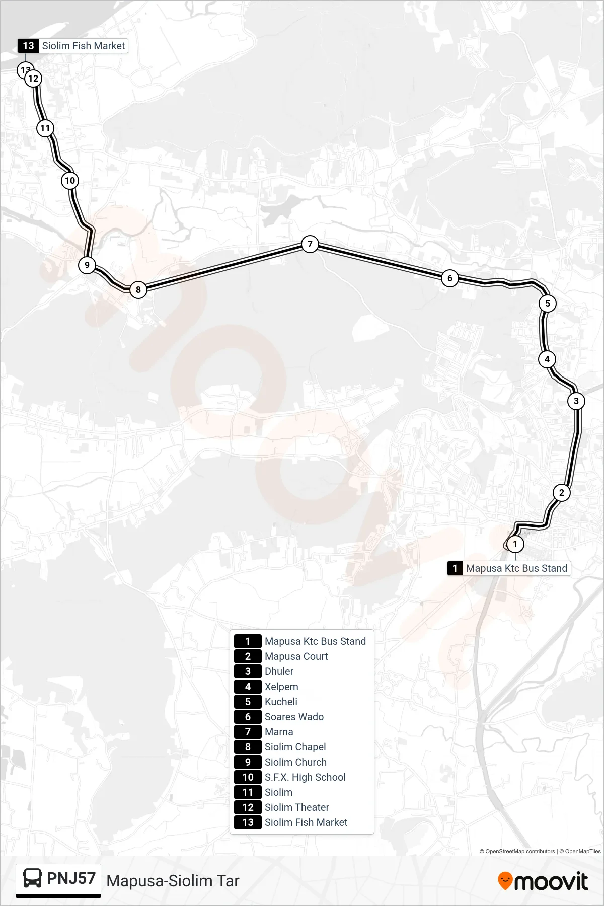 PNJ57 bus Line (Mapusa-Siolim Tar) route and stops on a map