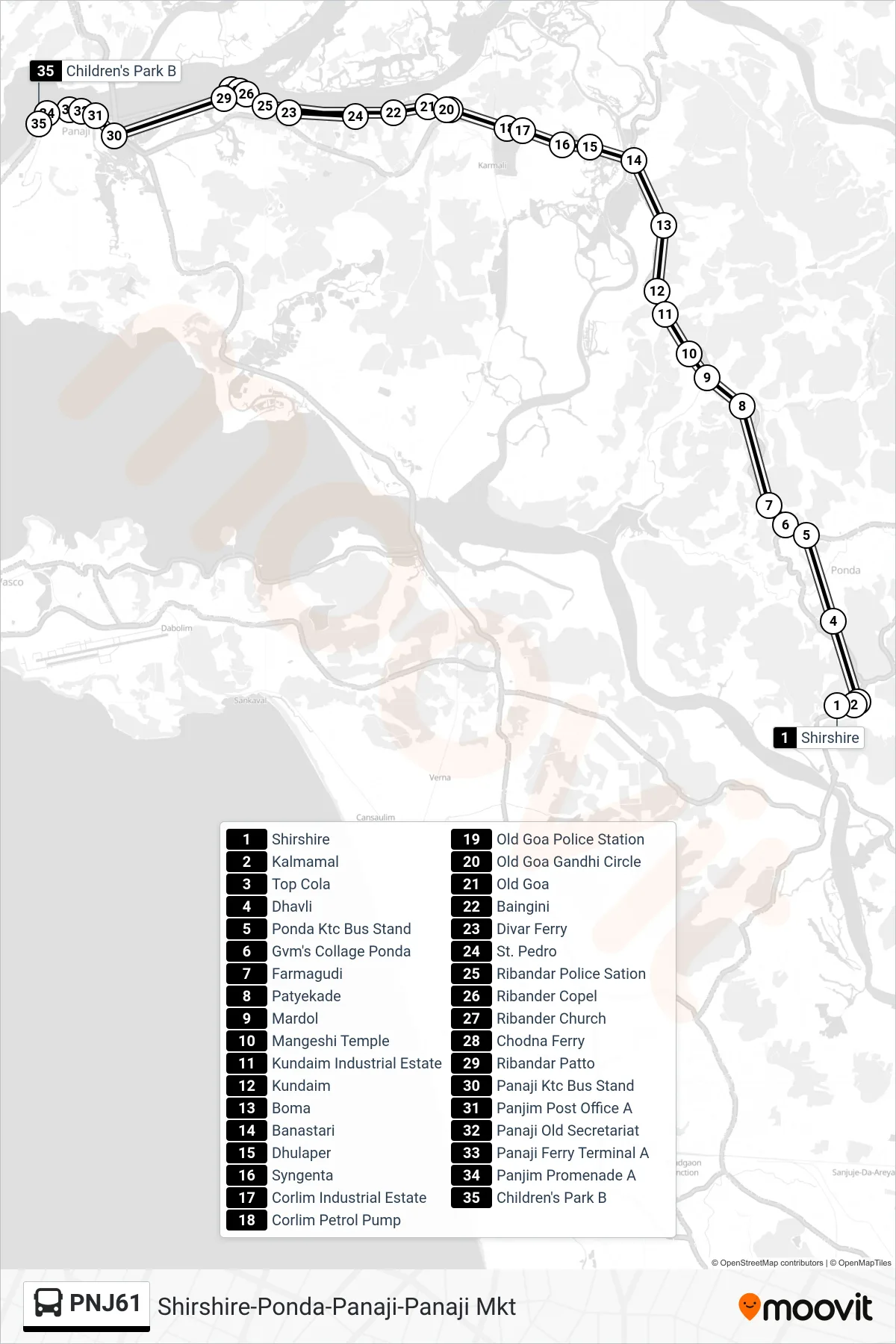 PNJ61 bus Line (Shirshire-Ponda-Panaji-Panaji Mkt) route and stops on a map