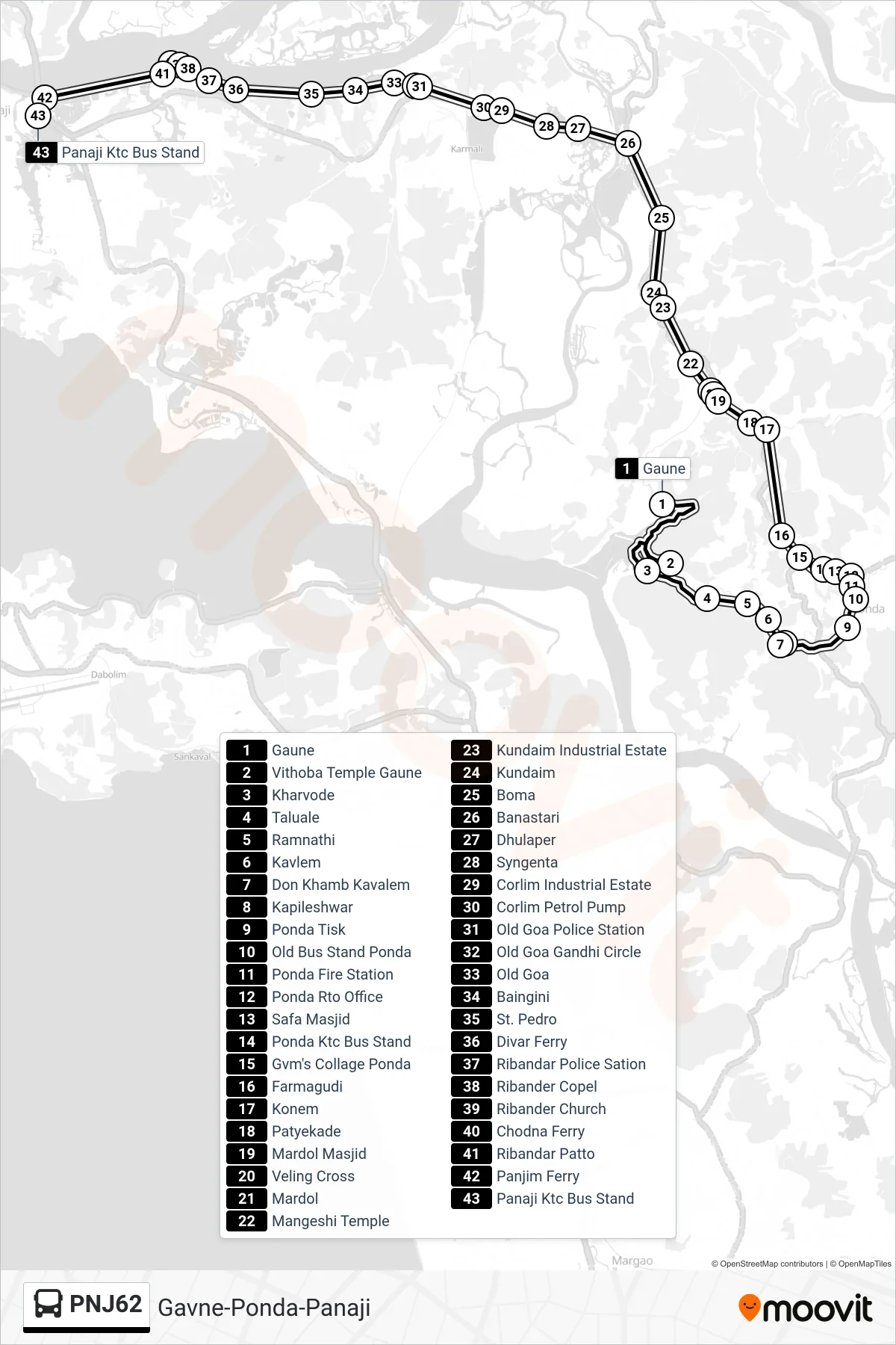 PNJ62 bus Line (Gavne-Ponda-Panaji) route and stops on a map