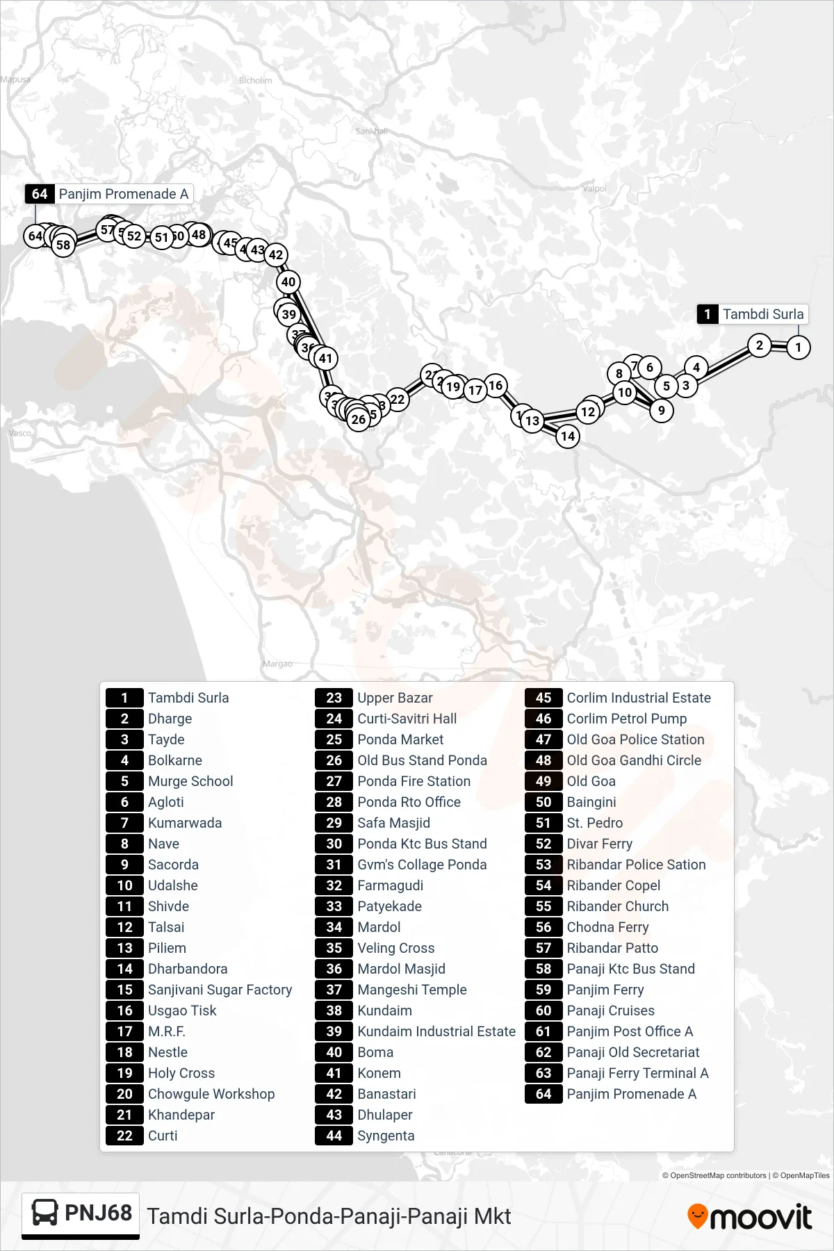 PNJ68 bus Line (Tamdi Surla-Ponda-Panaji-Panaji Mkt) route and stops on a map