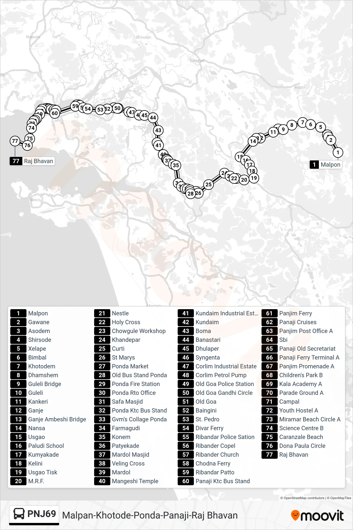 PNJ69 bus Line (Malpan-Khotode-Ponda-Panaji-Raj Bhavan) route and stops on a map