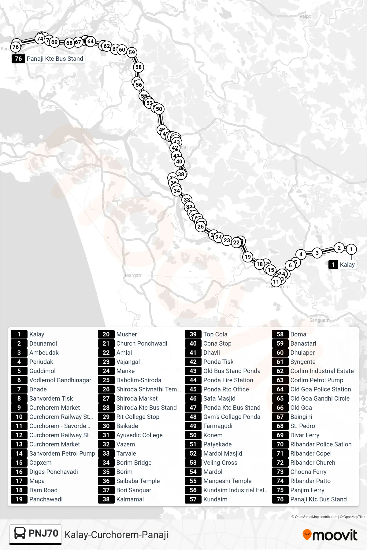 PNJ70 bus Line (Kalay-Curchorem-Panaji) route and stops on a map