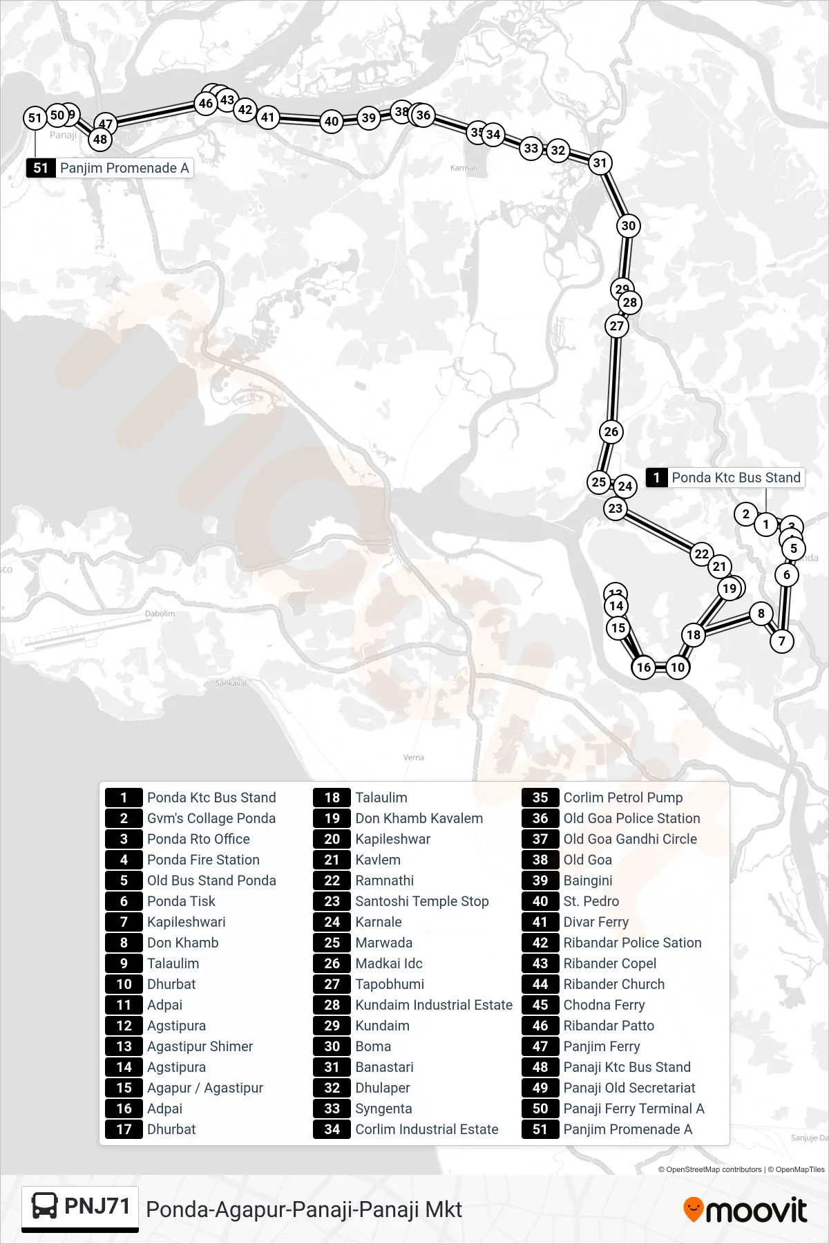 PNJ71 bus Line (Ponda-Agapur-Panaji-Panaji Mkt) route and stops on a map