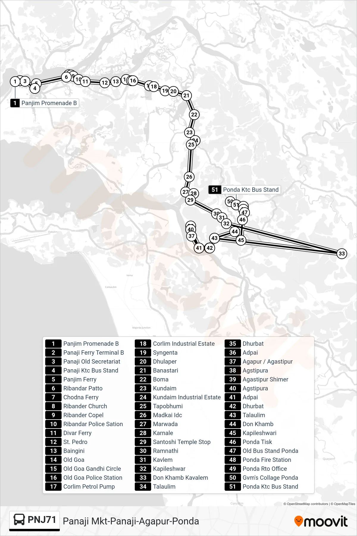 PNJ71 bus Line (Panaji Mkt-Panaji-Agapur-Ponda) route and stops on a map