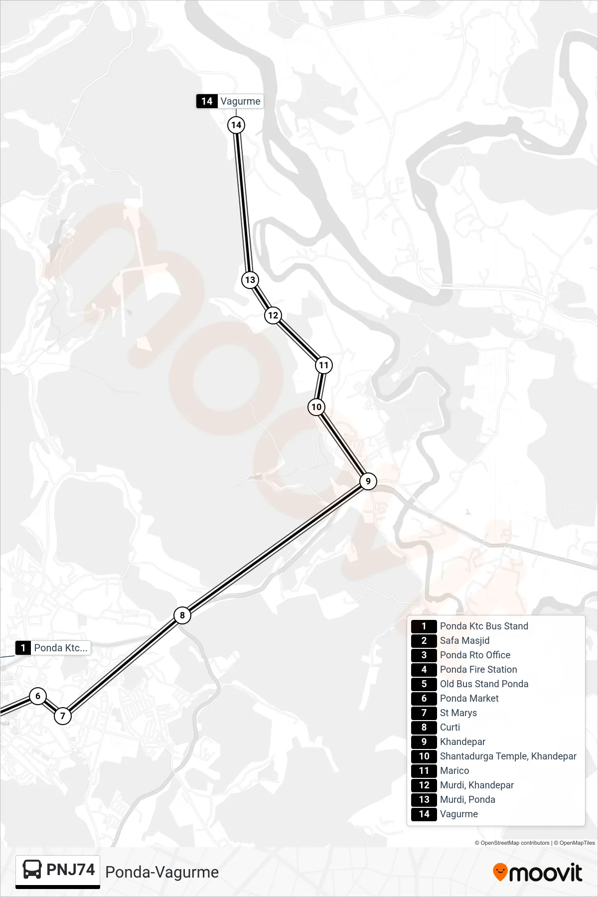 PNJ74 bus Line (Ponda-Vagurme) route and stops on a map
