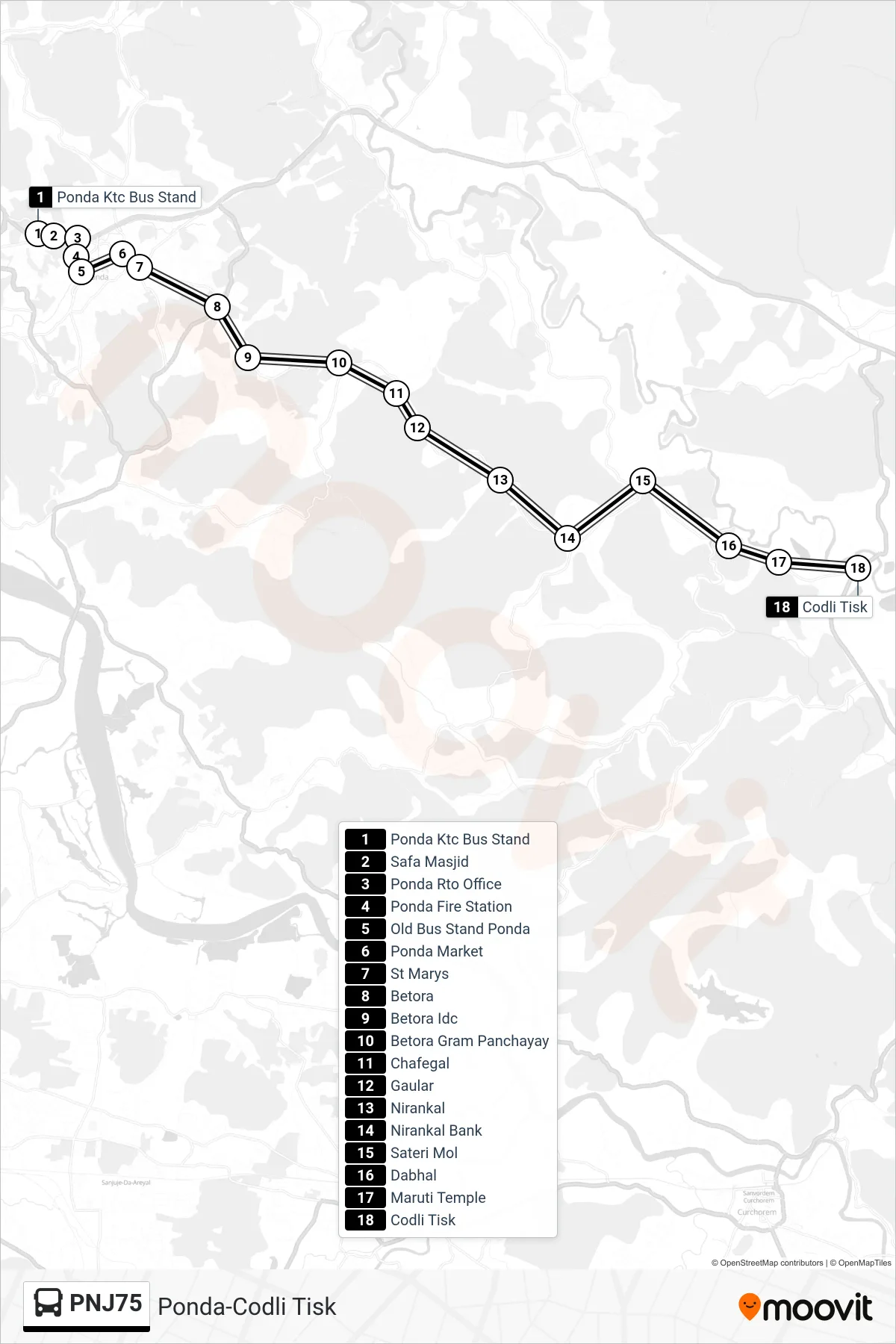 PNJ75 bus Line (Ponda-Codli Tisk) route and stops on a map