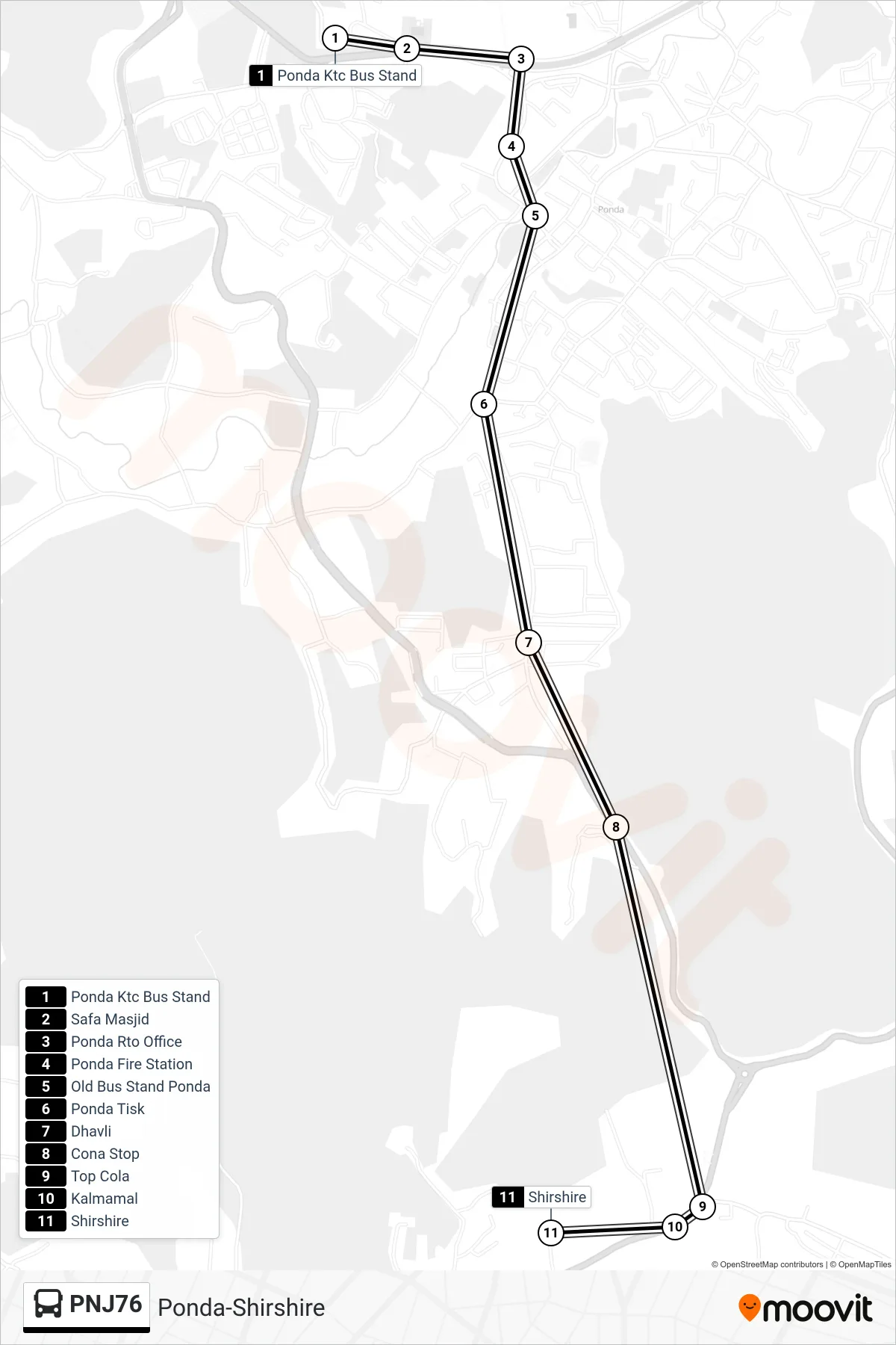 PNJ76 bus Line (Ponda-Shirshire) route and stops on a map
