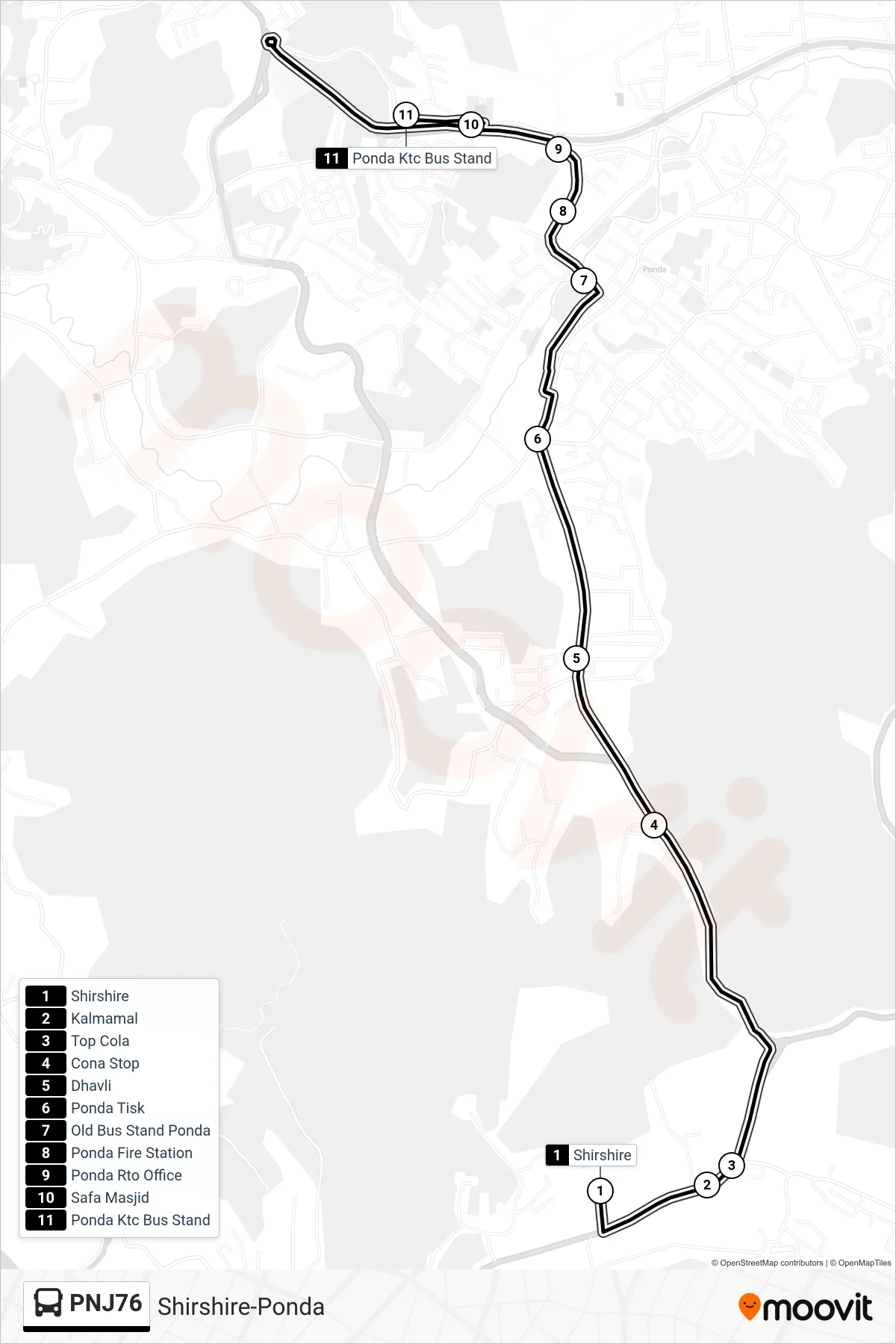PNJ76 bus Line (Shirshire-Ponda) route and stops on a map