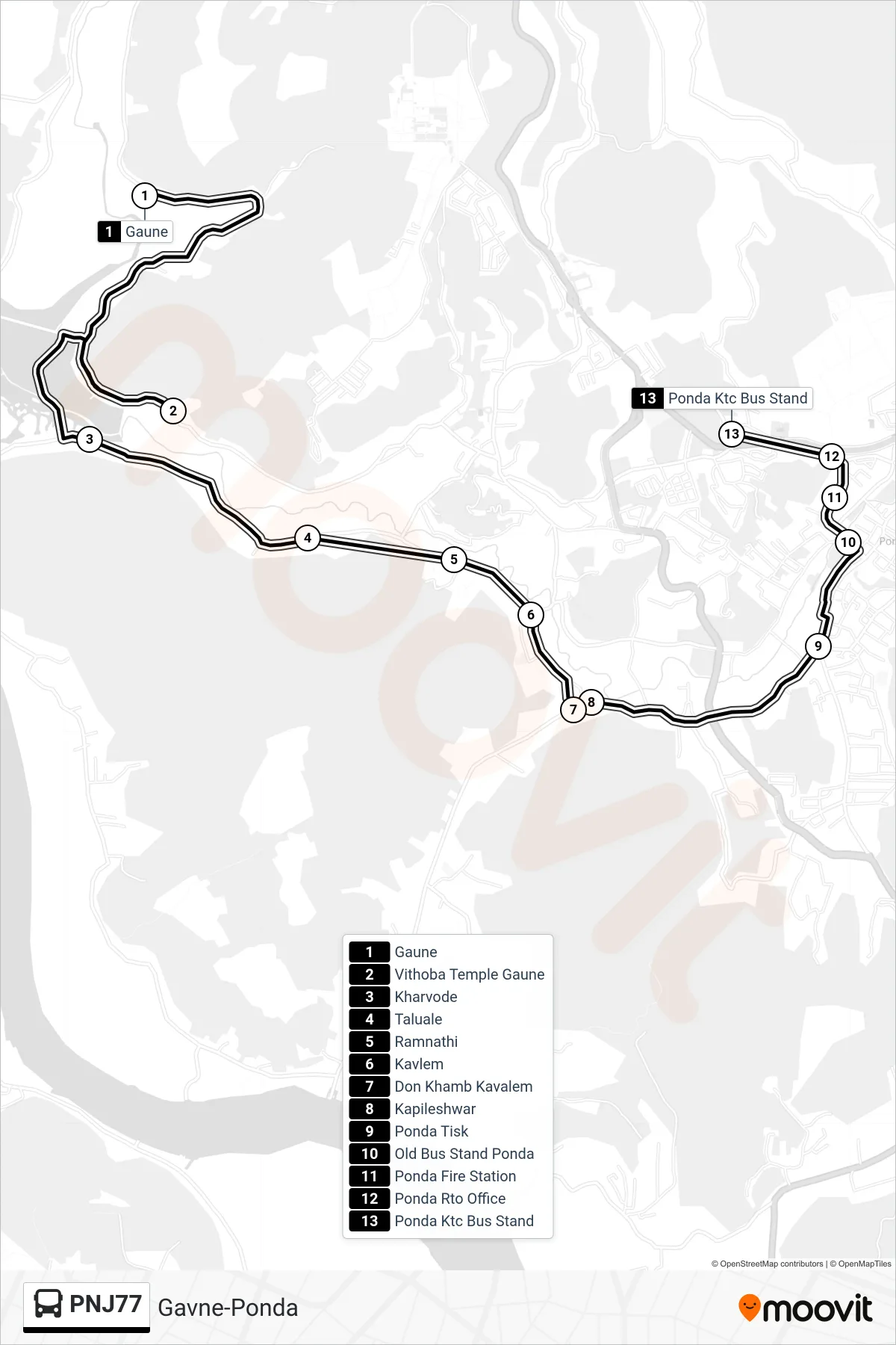 PNJ77 bus Line (Gavne-Ponda) route and stops on a map