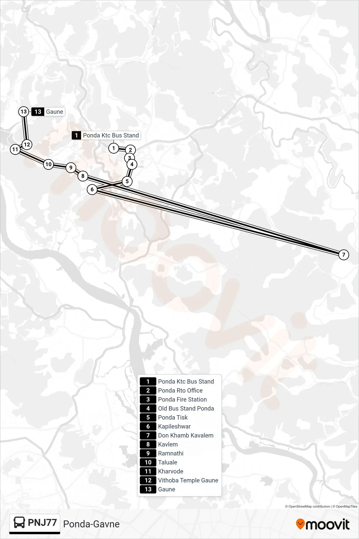 PNJ77 bus Line (Ponda-Gavne) route and stops on a map