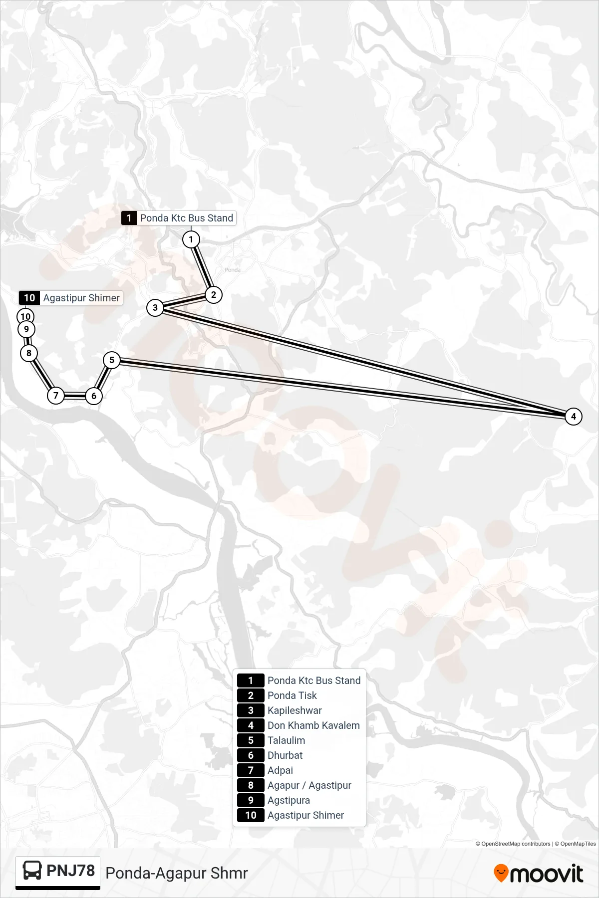 PNJ78 bus Line (Ponda-Agapur Shmr) route and stops on a map