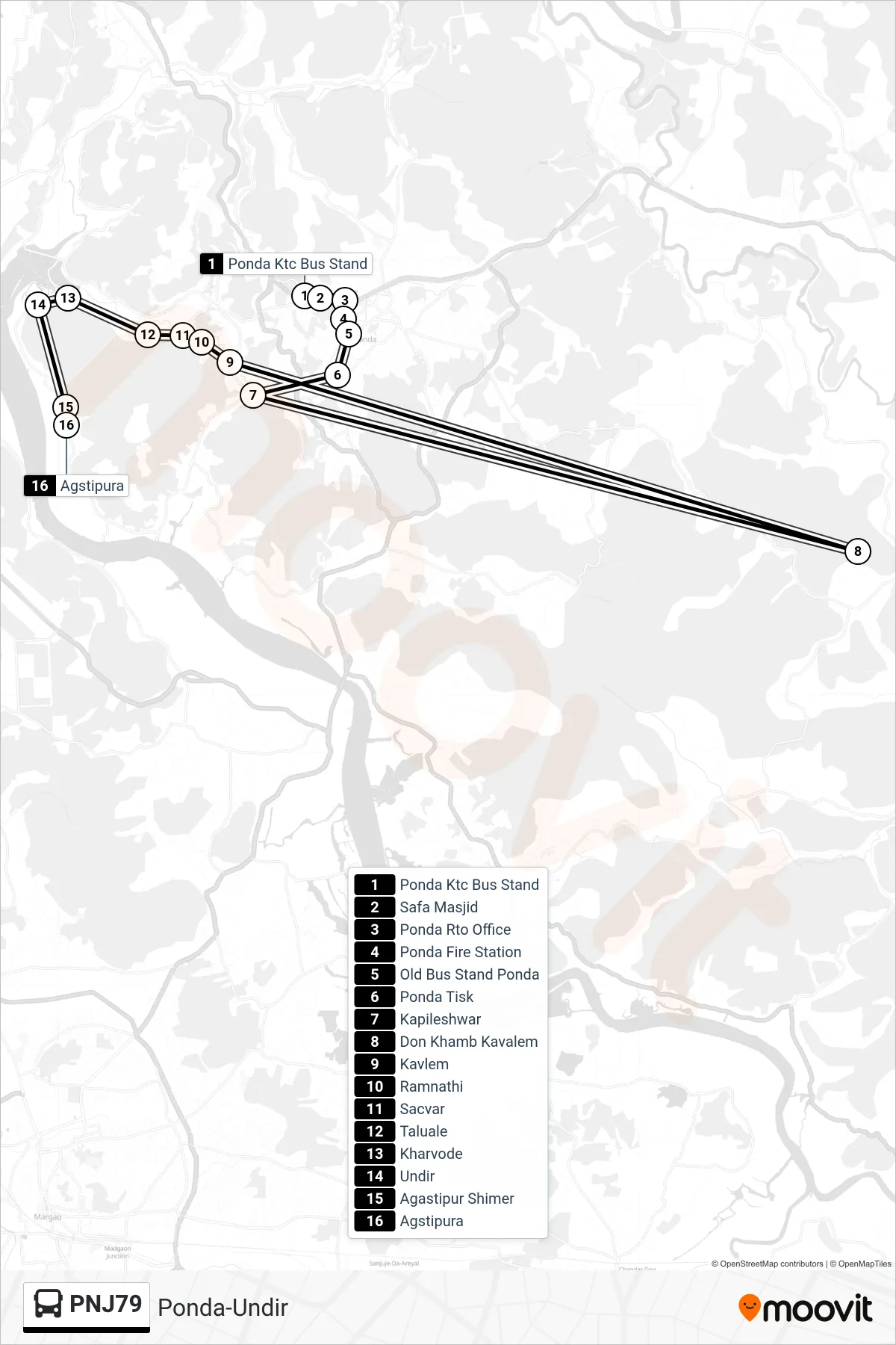 PNJ79 bus Line (Ponda-Undir) route and stops on a map