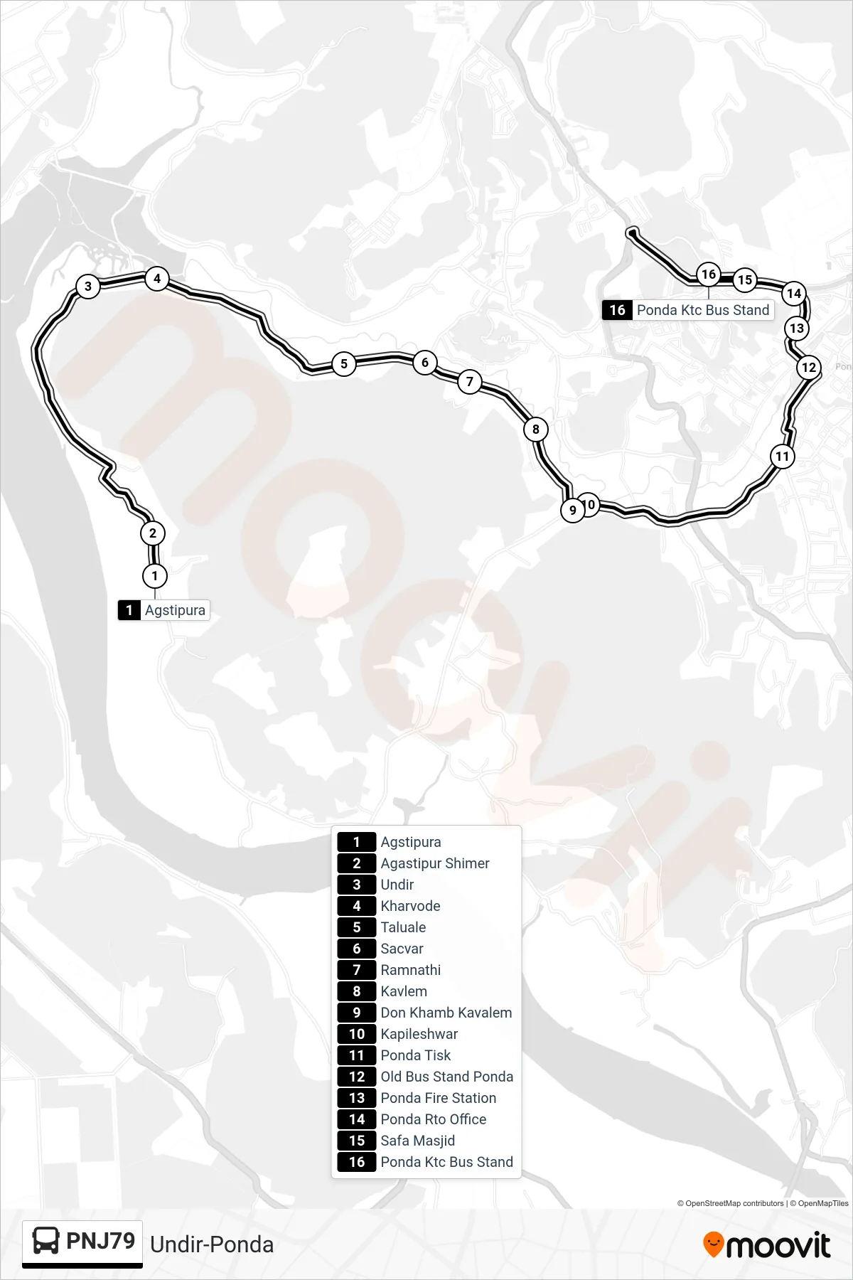 PNJ79 bus Line (Undir-Ponda) route and stops on a map