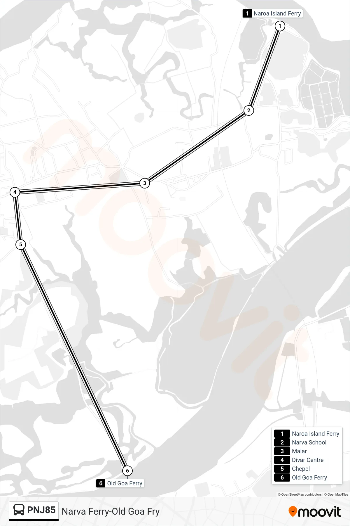 PNJ85 bus Line (Narva Ferry-Old Goa Fry) route and stops on a map