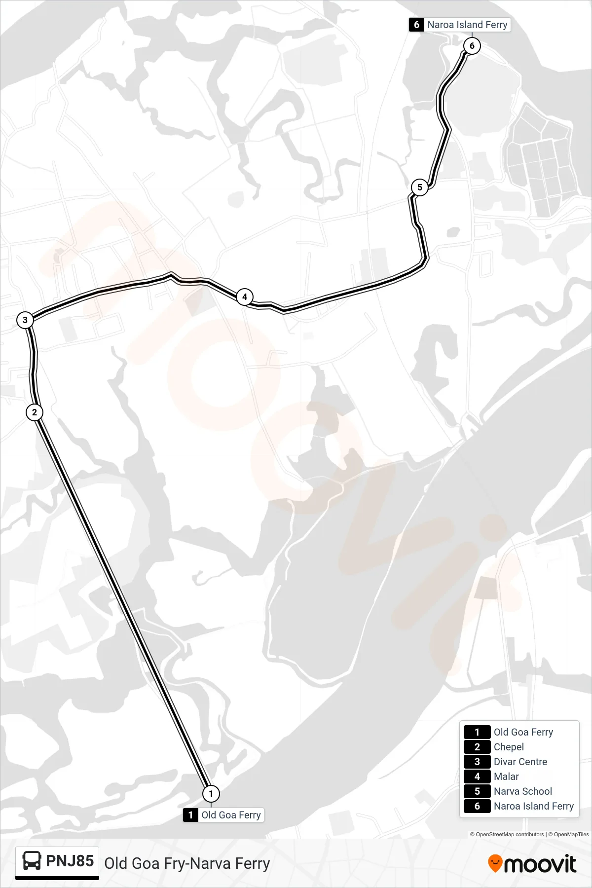 PNJ85 bus Line (Old Goa Fry-Narva Ferry) route and stops on a map